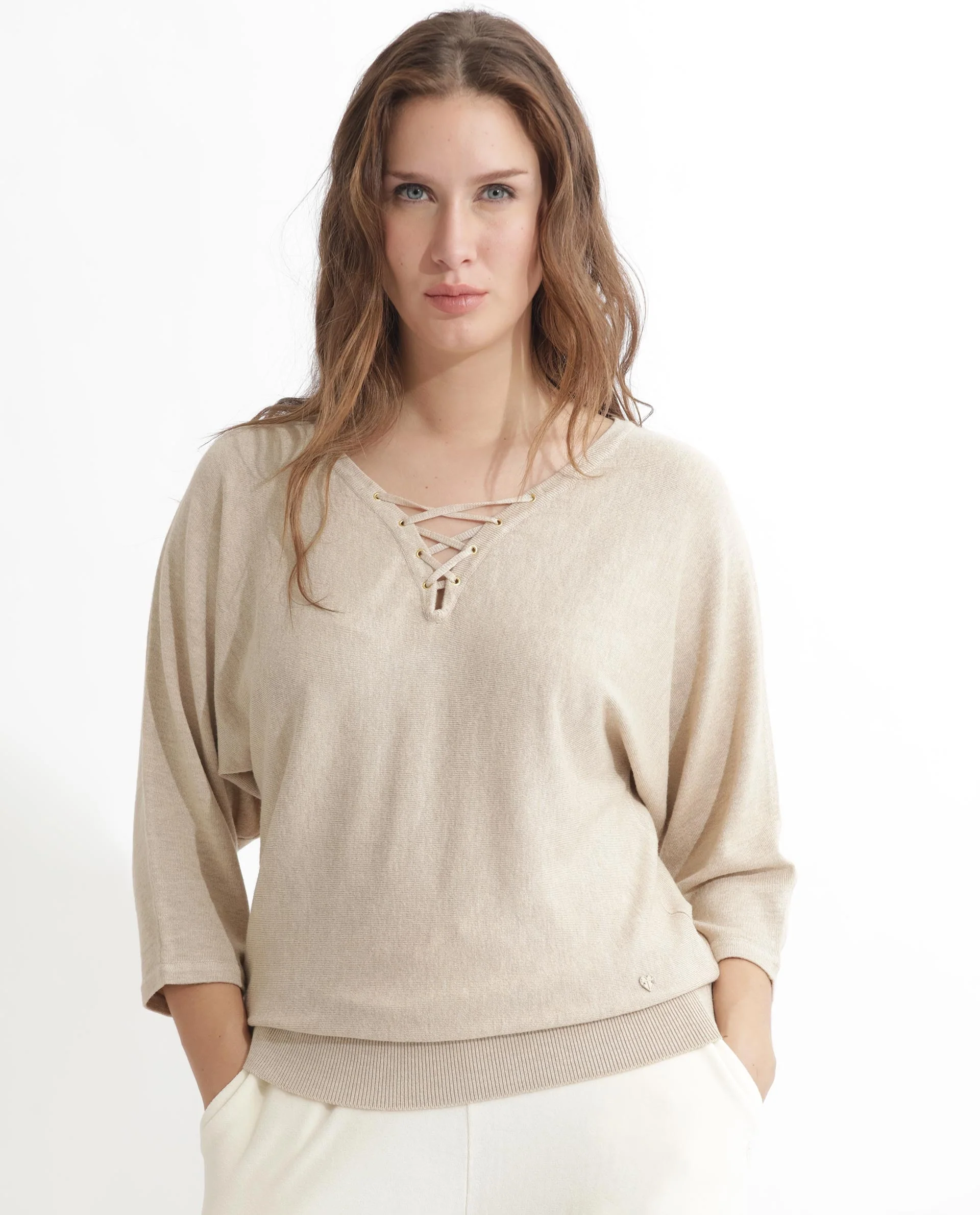 Rareism Women's Laine Beige Viscose V-Neck Plain Kimono Sleeve Regular Fit Top