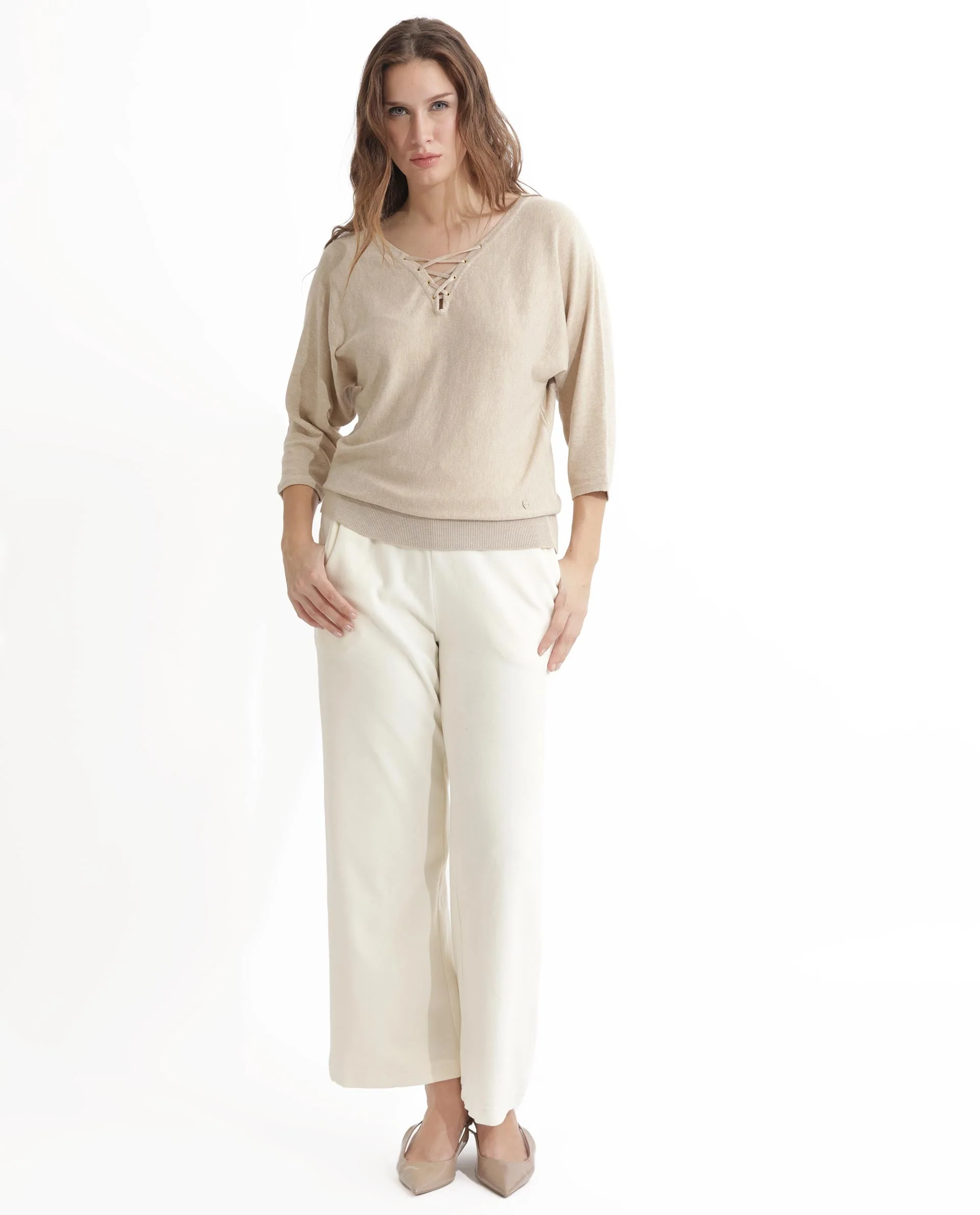 Rareism Women's Laine Beige Viscose V-Neck Plain Kimono Sleeve Regular Fit Top - Image 2