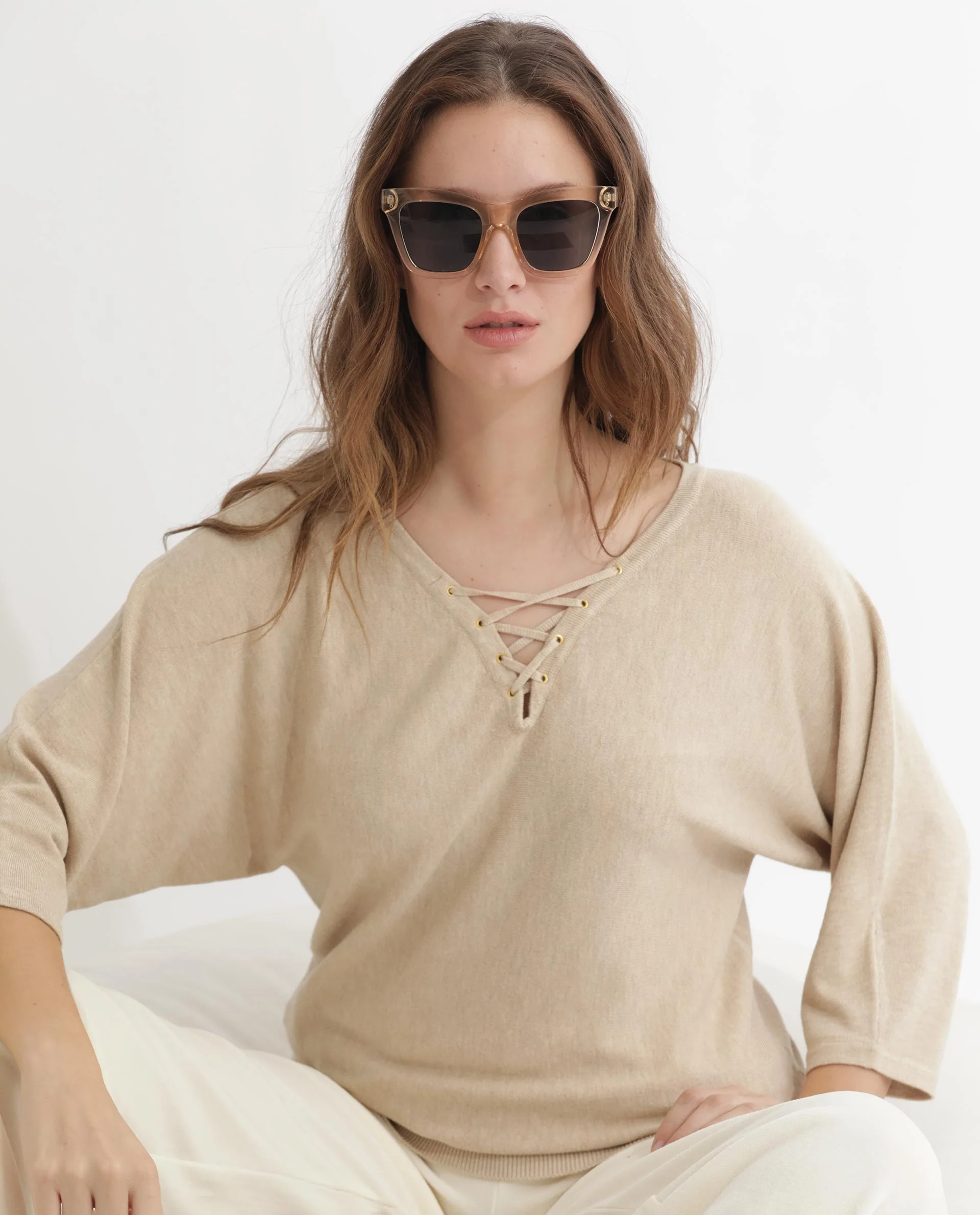 Rareism Women's Laine Beige Viscose V-Neck Plain Kimono Sleeve Regular Fit Top - Image 6