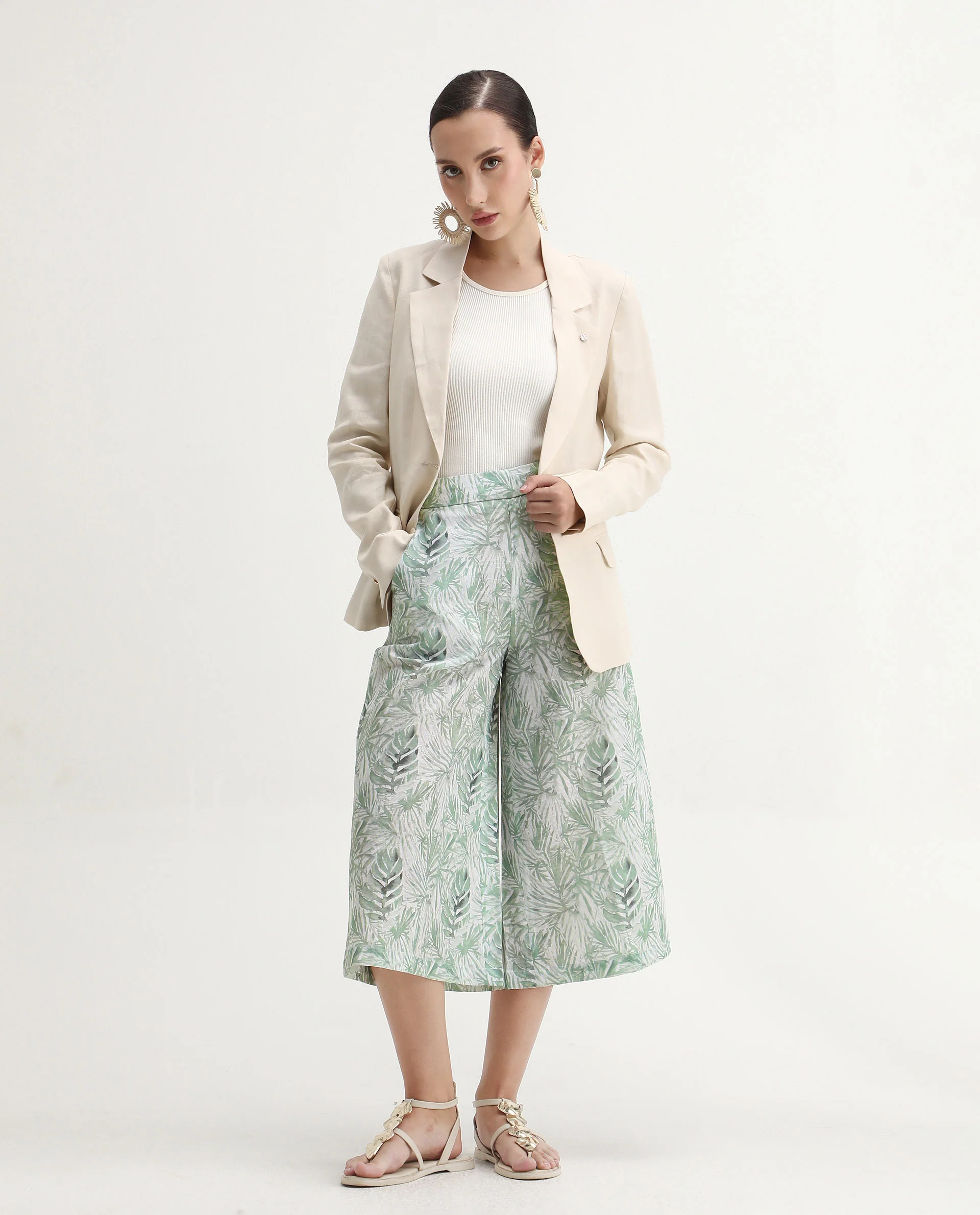 Rareism Women's Lakar Off White Linen Abstract Print Midi Flared Trouser