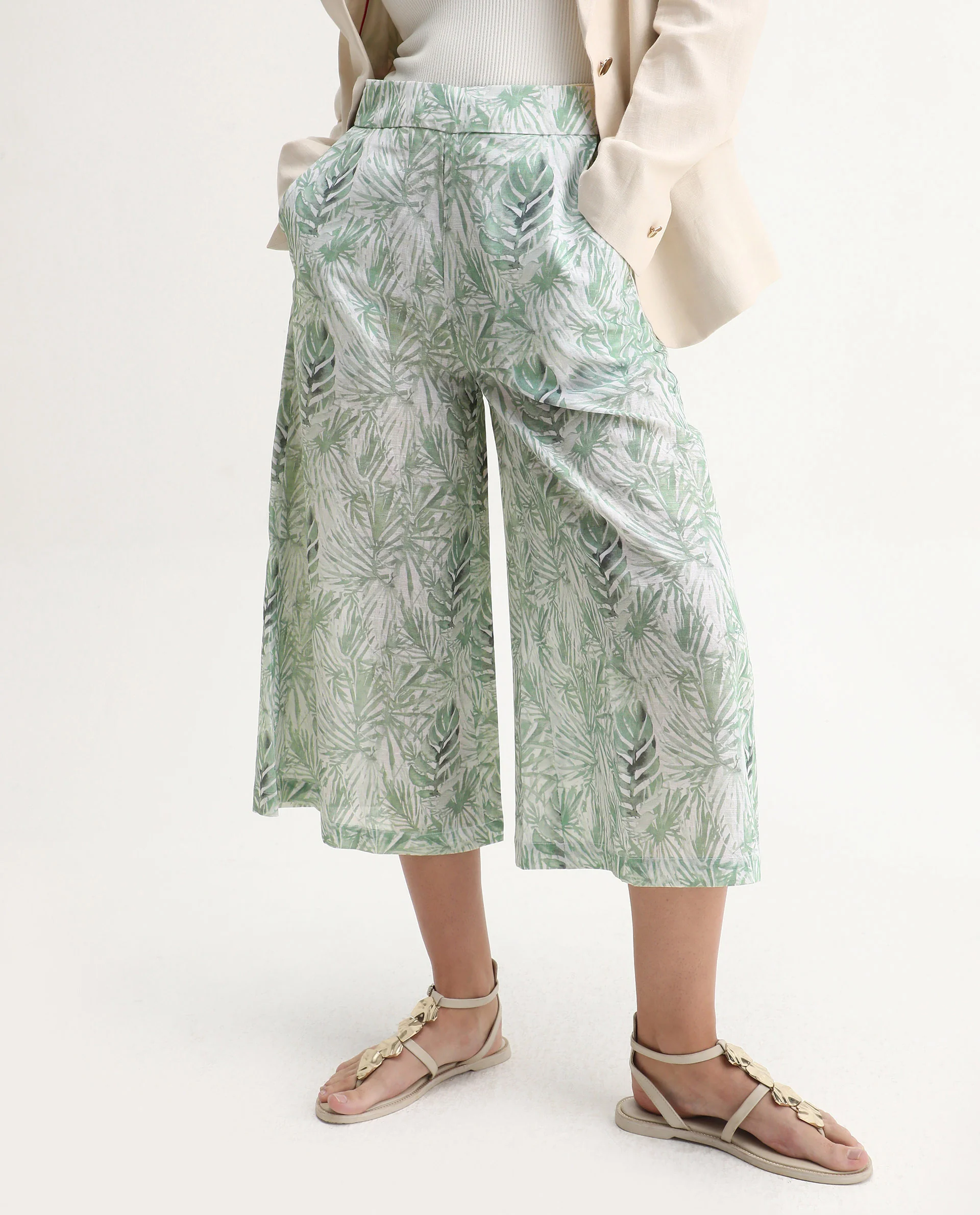 Rareism Women's Lakar Off White Linen Abstract Print Midi Flared Trouser - Image 3