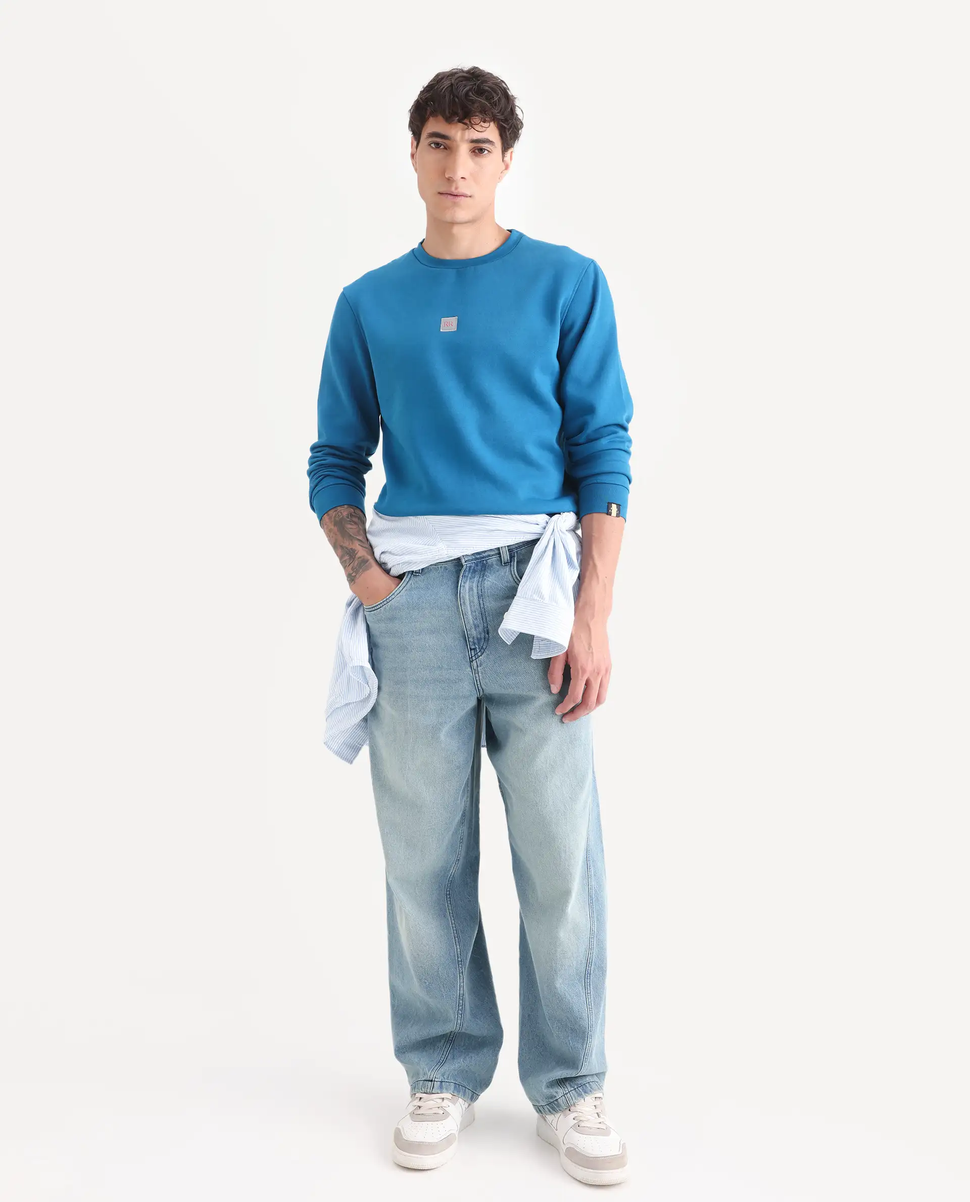 Rare Rabbit Men's Lake Petrol Cotton Plain Slim Fit Full Sleeve Crew Neck Sweatshirt - Image 2