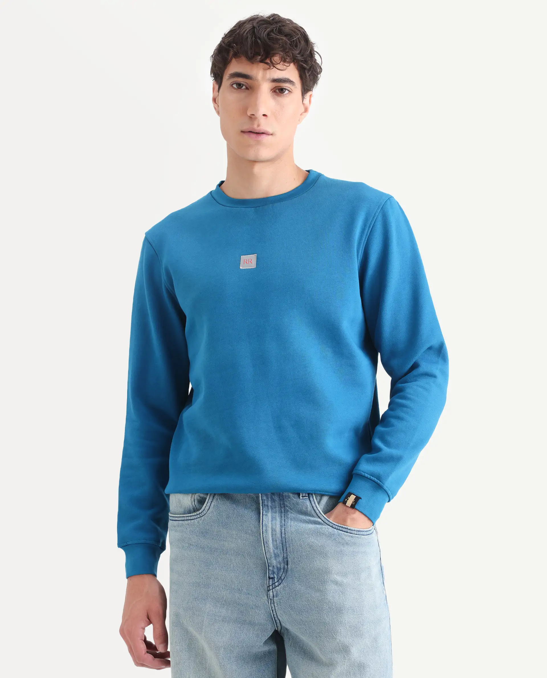 Rare Rabbit Men's Lake Petrol Cotton Plain Slim Fit Full Sleeve Crew Neck Sweatshirt - Image 3