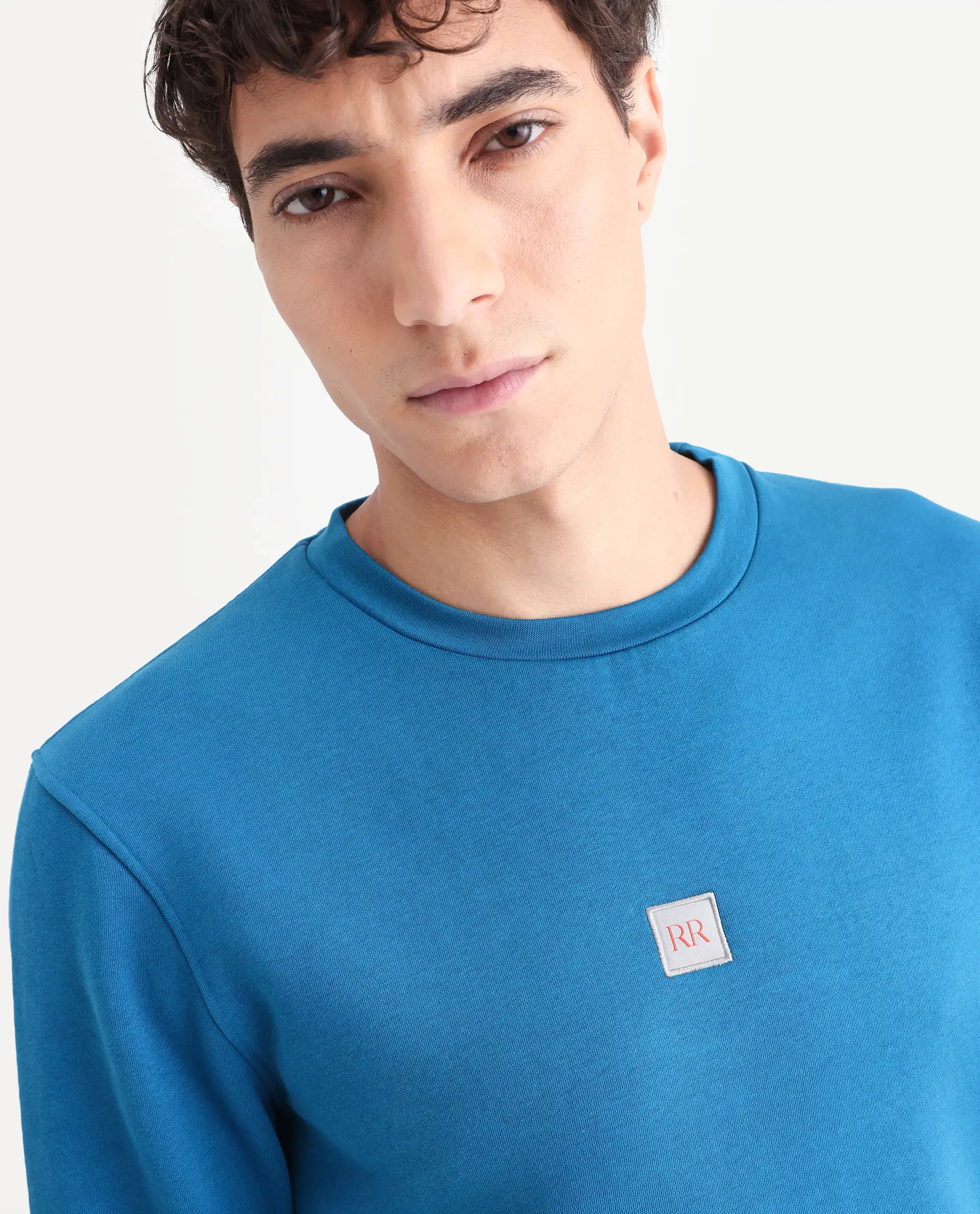 Rare Rabbit Men's Lake Petrol Cotton Plain Slim Fit Full Sleeve Crew Neck Sweatshirt - Image 4