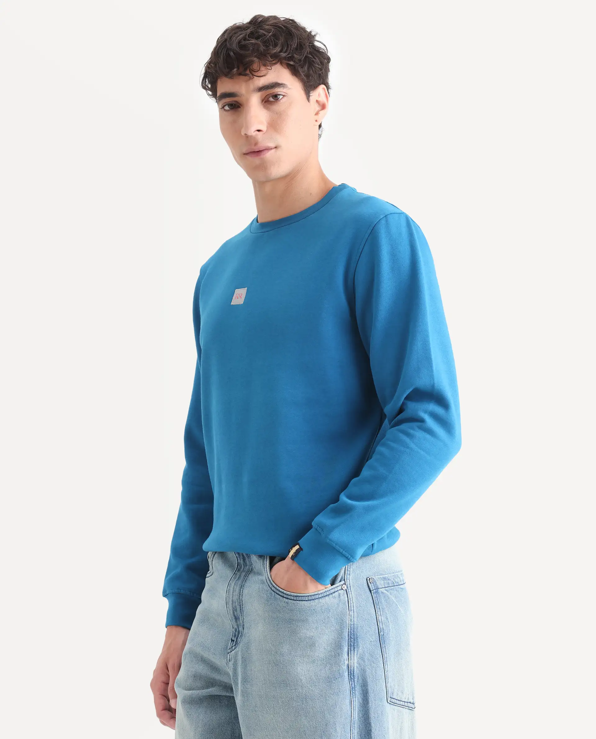 Rare Rabbit Men's Lake Petrol Cotton Plain Slim Fit Full Sleeve Crew Neck Sweatshirt - Image 5