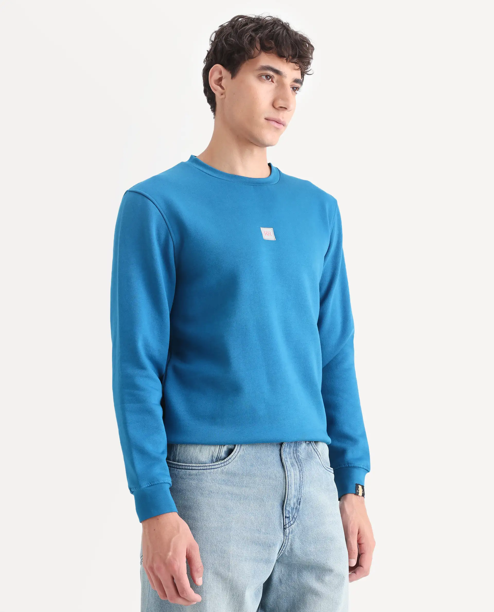 Rare Rabbit Men's Lake Petrol Cotton Plain Slim Fit Full Sleeve Crew Neck Sweatshirt - Image 6
