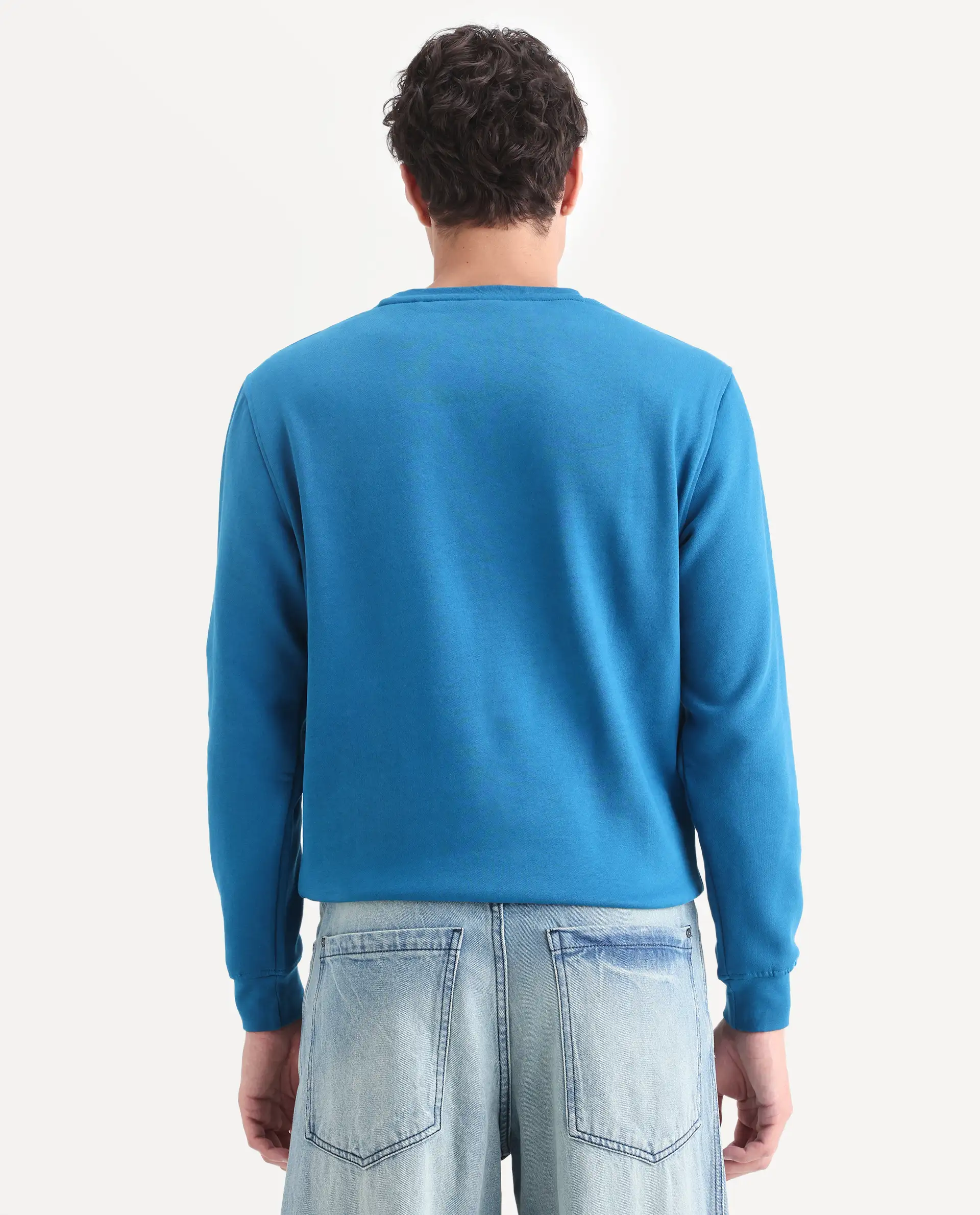 Rare Rabbit Men's Lake Petrol Cotton Plain Slim Fit Full Sleeve Crew Neck Sweatshirt - Image 7