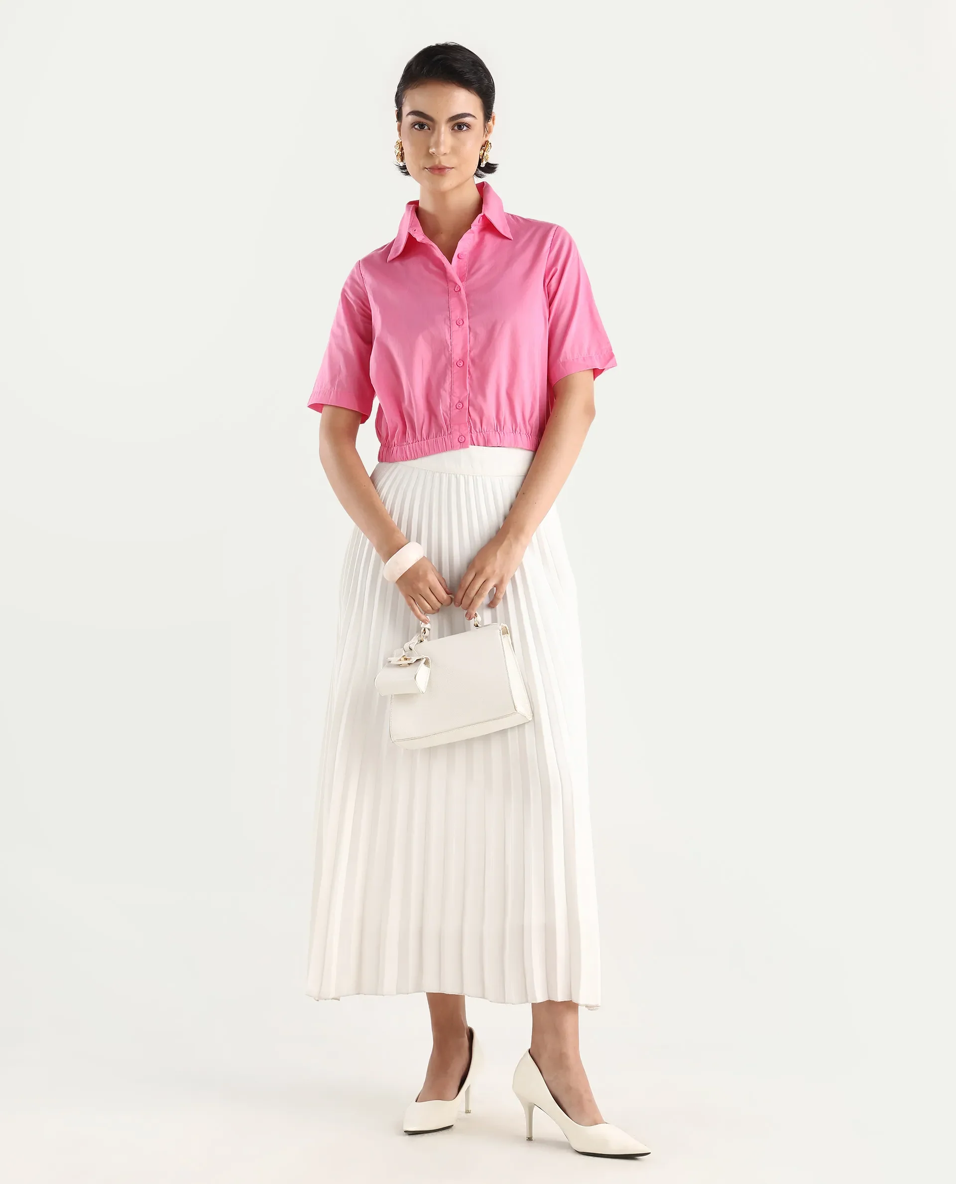 Rareism Women's Lakeavi Pink Cotton Spread Collar Plain Crop Regular Fit Top - Image 2