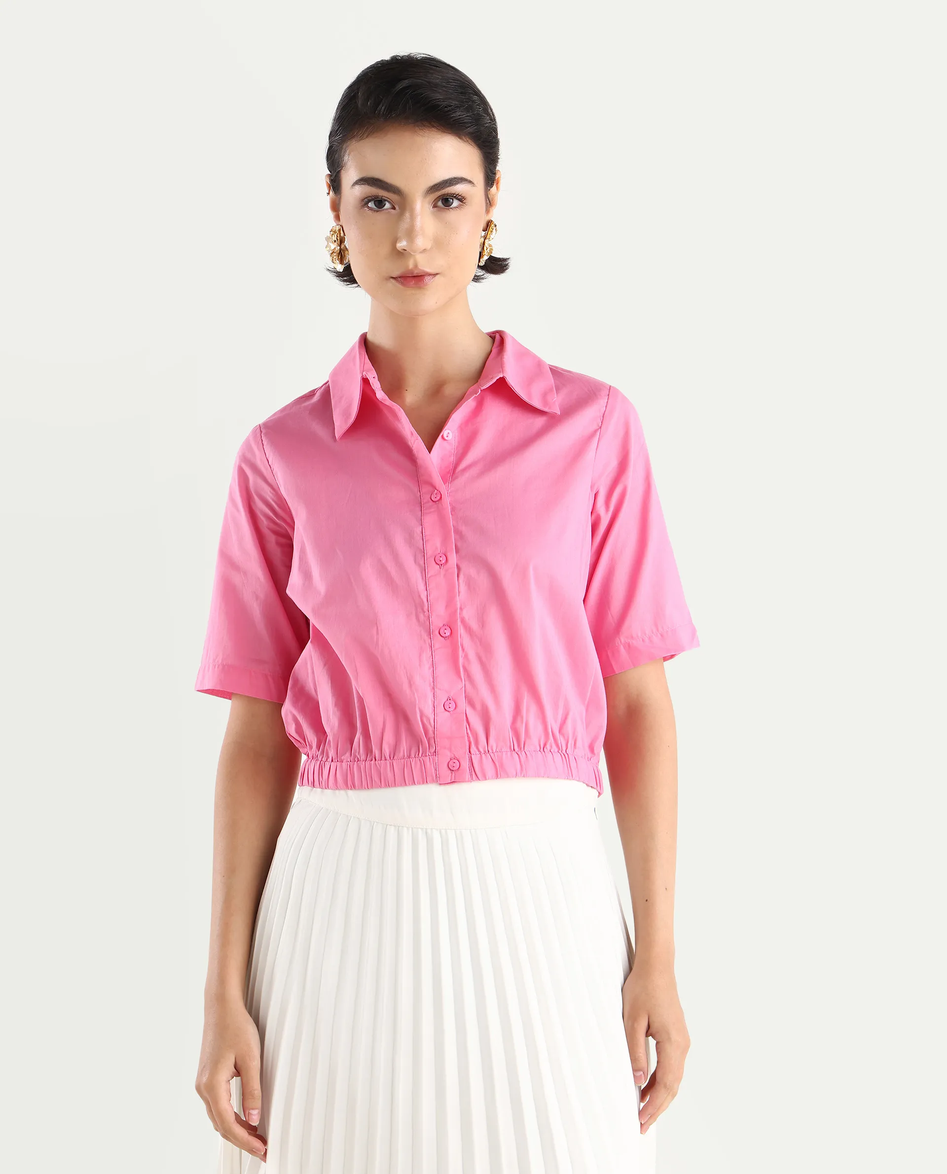 Rareism Women's Lakeavi Pink Cotton Spread Collar Plain Crop Regular Fit Top - Image 3