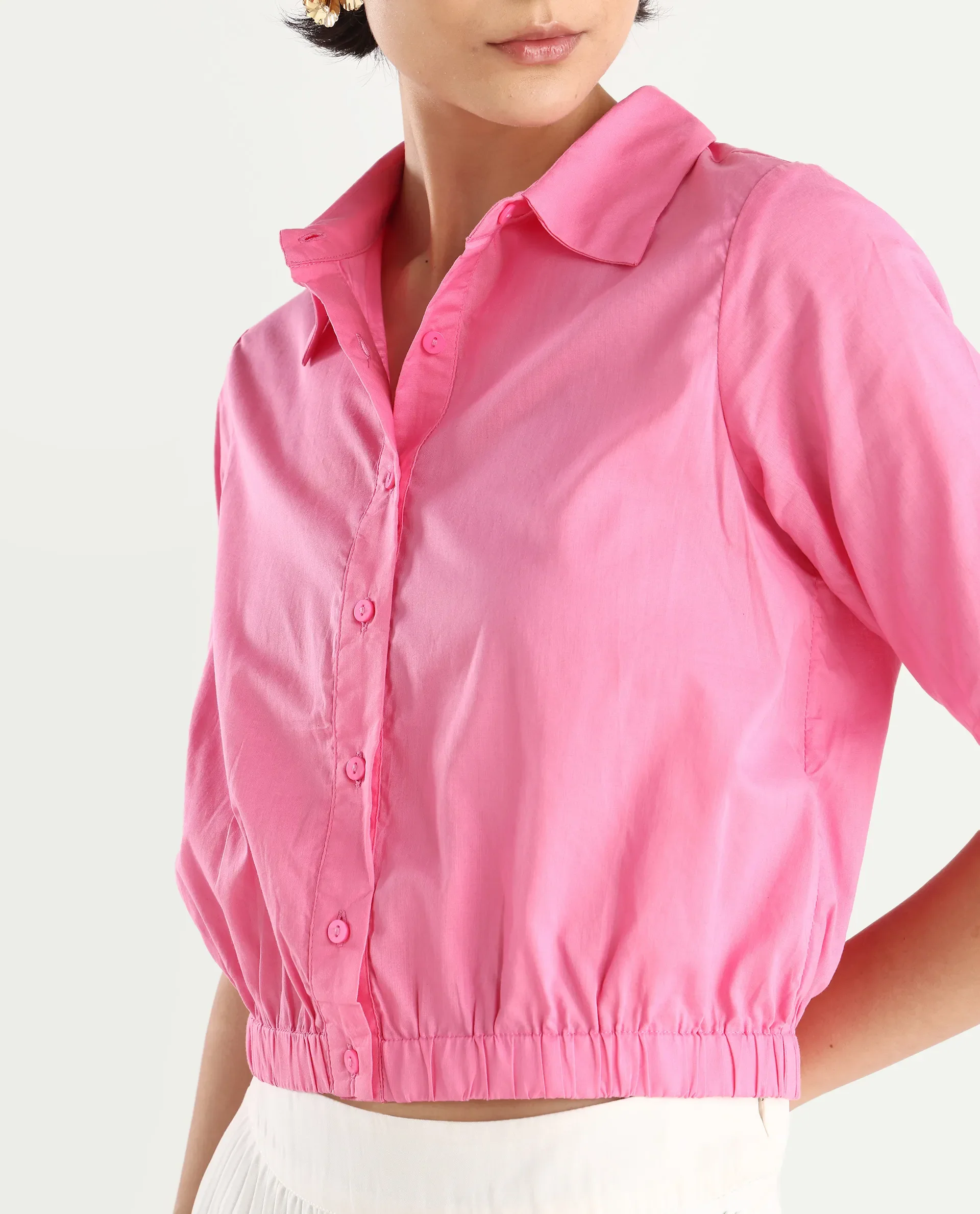 Rareism Women's Lakeavi Pink Cotton Spread Collar Plain Crop Regular Fit Top - Image 5