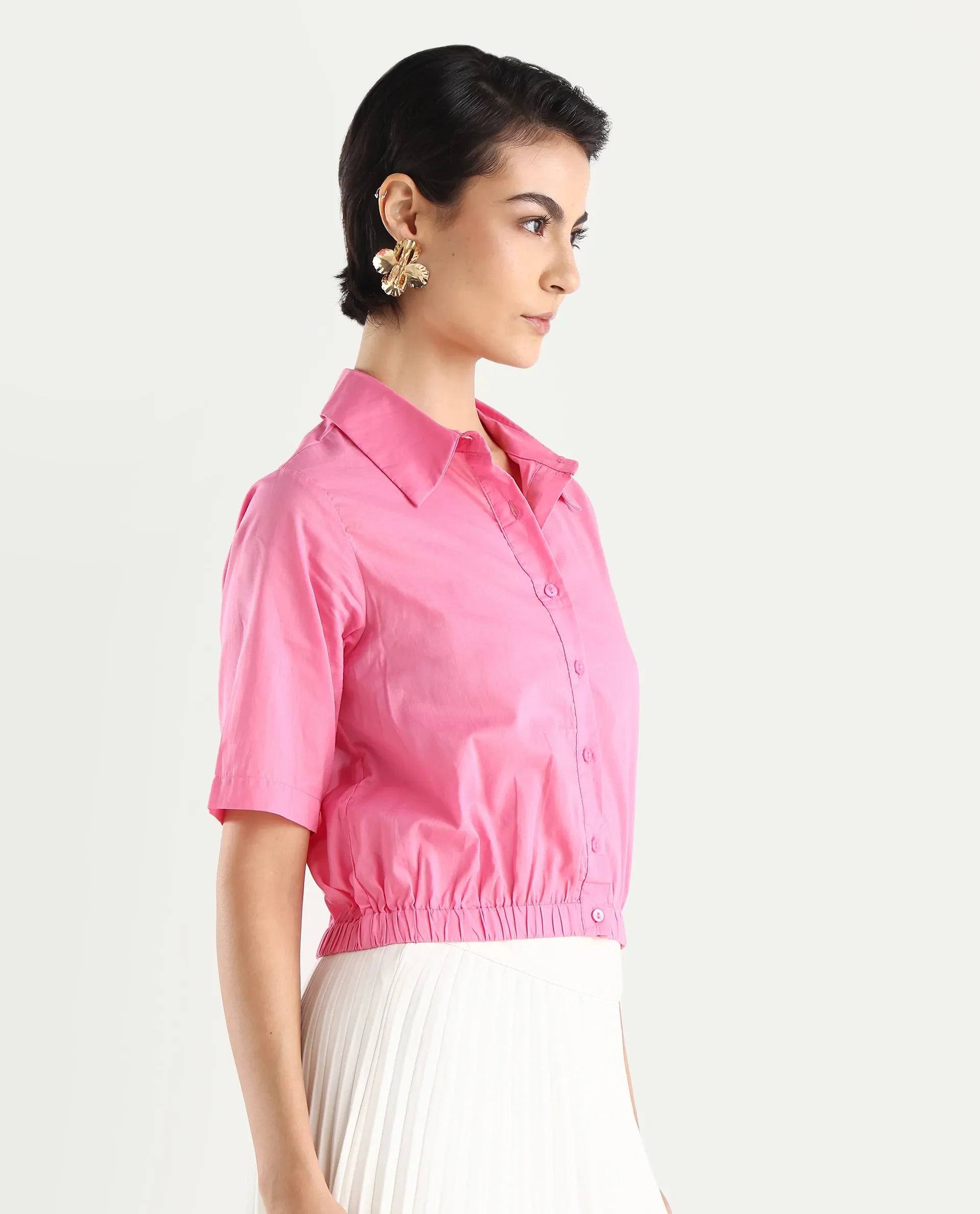 Rareism Women's Lakeavi Pink Cotton Spread Collar Plain Crop Regular Fit Top - Image 6
