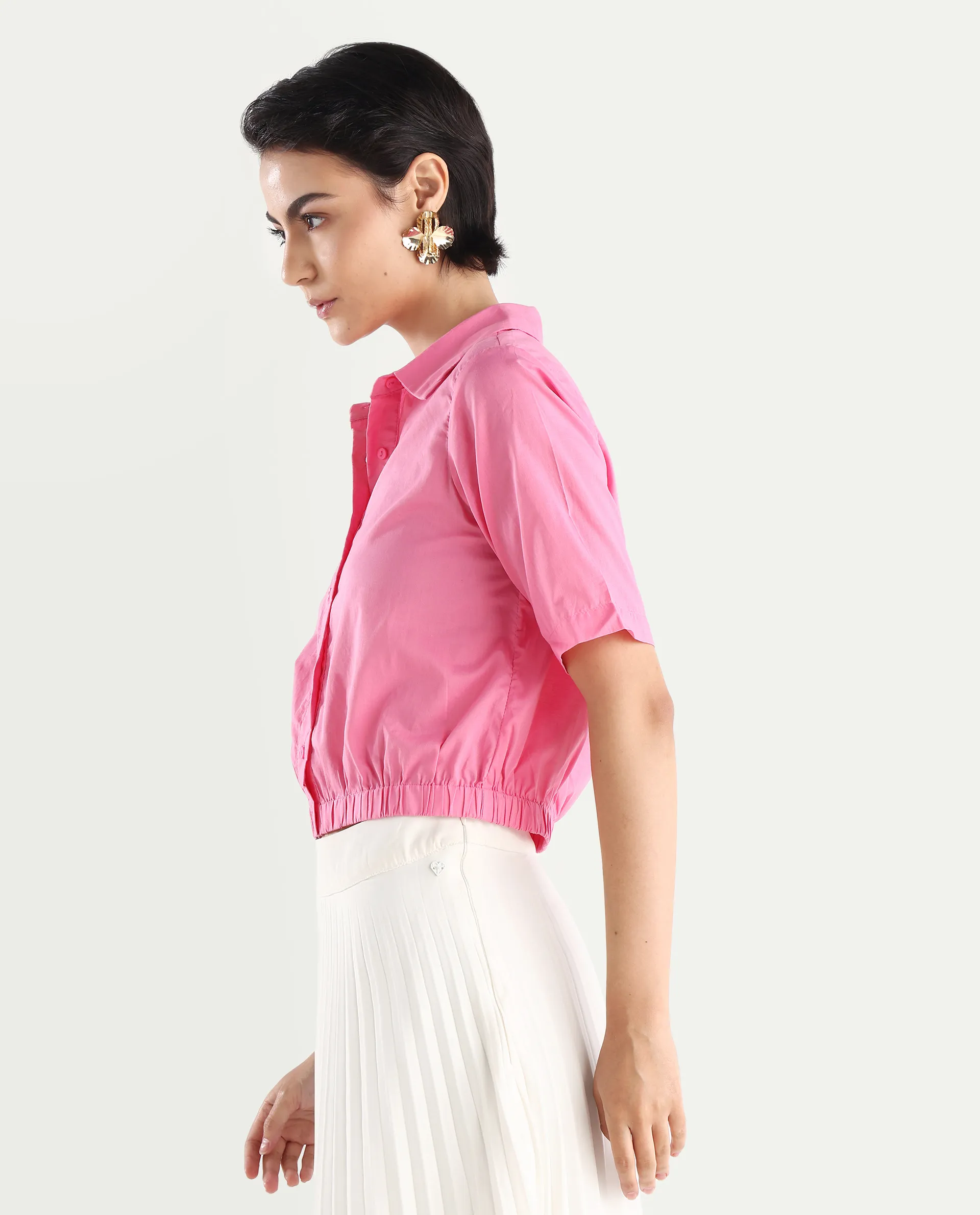 Rareism Women's Lakeavi Pink Cotton Spread Collar Plain Crop Regular Fit Top - Image 7