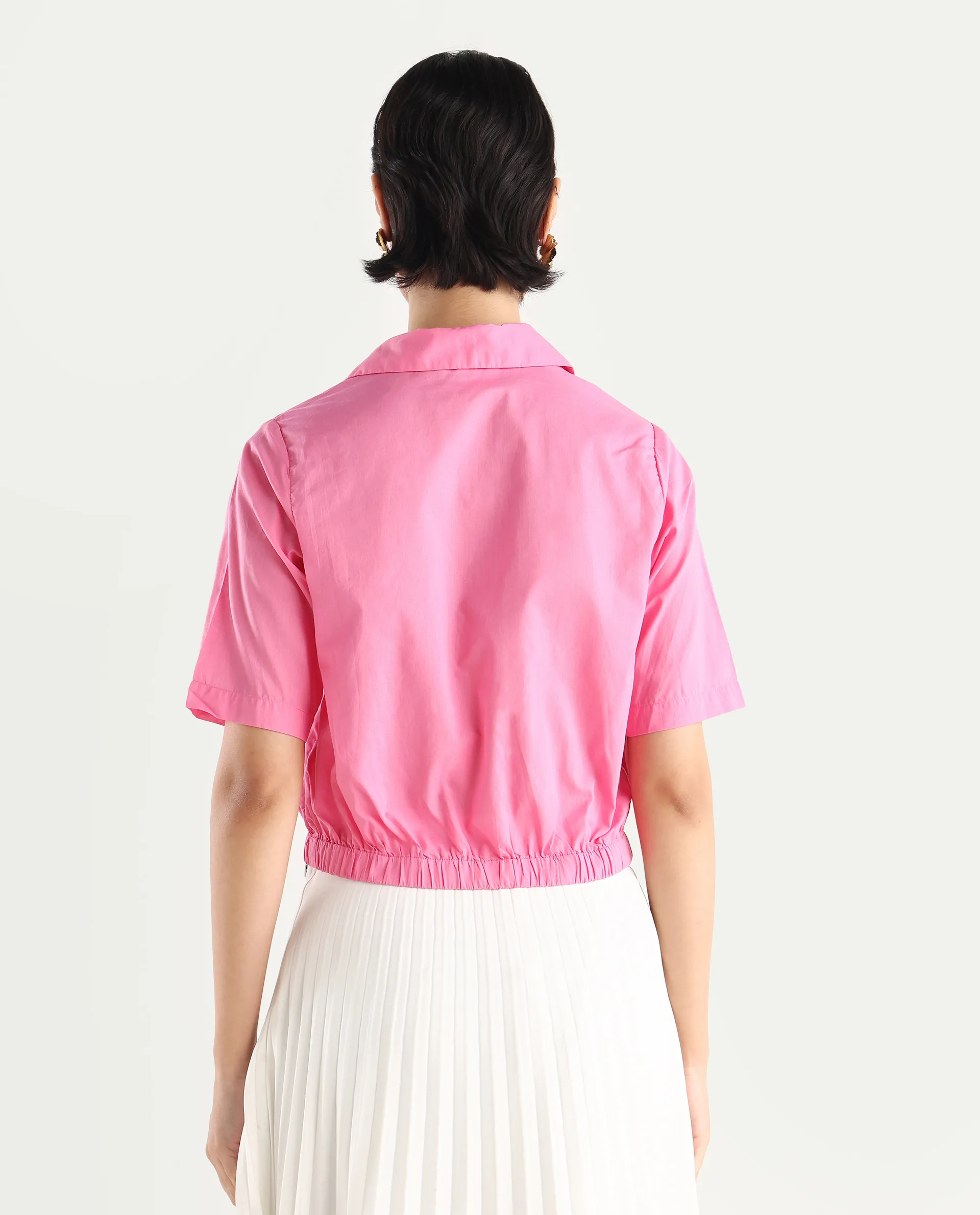 Rareism Women's Lakeavi Pink Cotton Spread Collar Plain Crop Regular Fit Top - Image 8