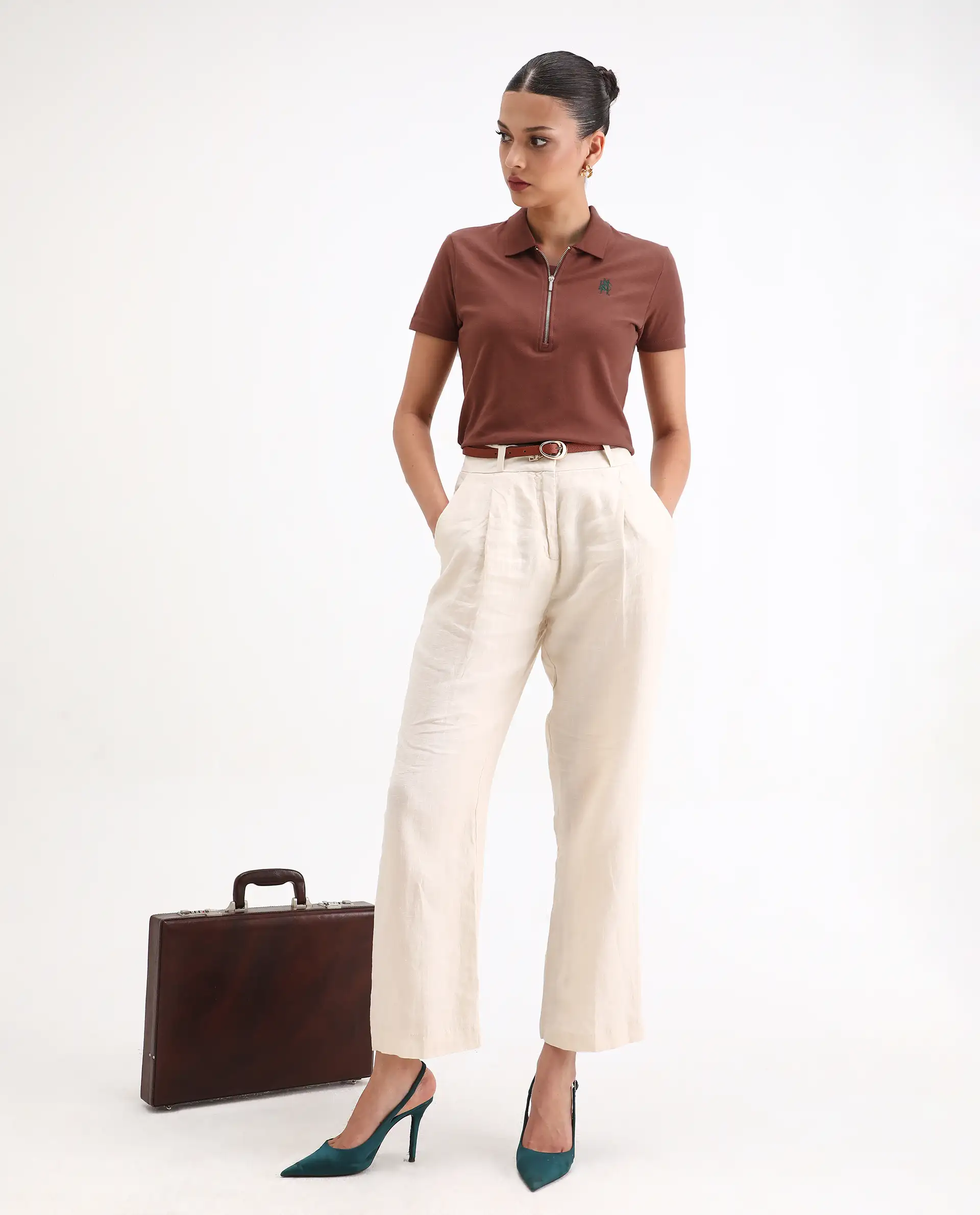 Rareism Women's Laken Brown Cotton Blend Polo Neck Plain Regular Fit Polo - Image 2