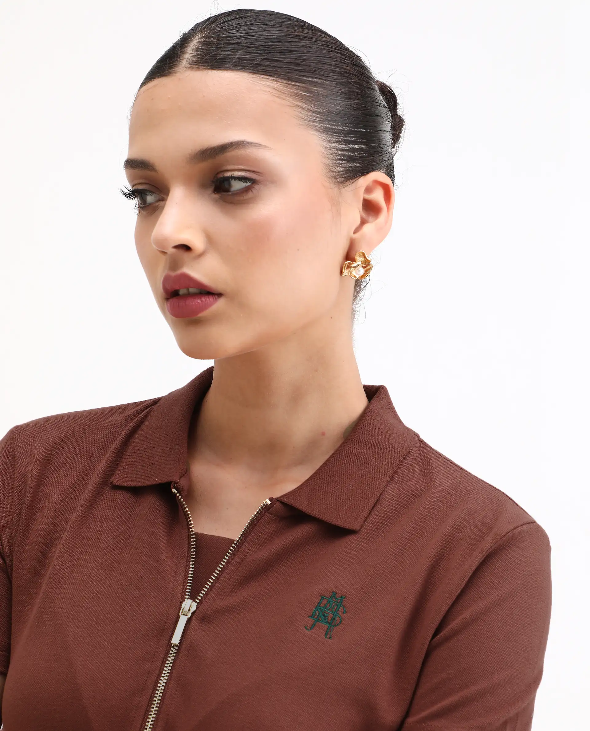 Rareism Women's Laken Brown Cotton Blend Polo Neck Plain Regular Fit Polo - Image 4