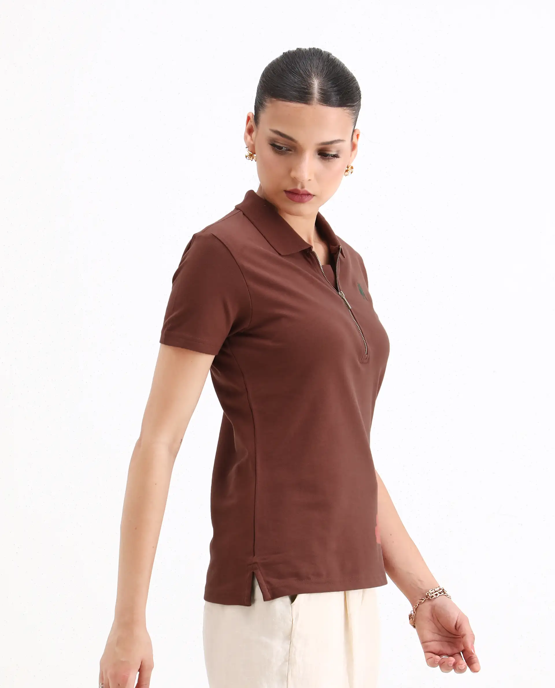 Rareism Women's Laken Brown Cotton Blend Polo Neck Plain Regular Fit Polo - Image 5