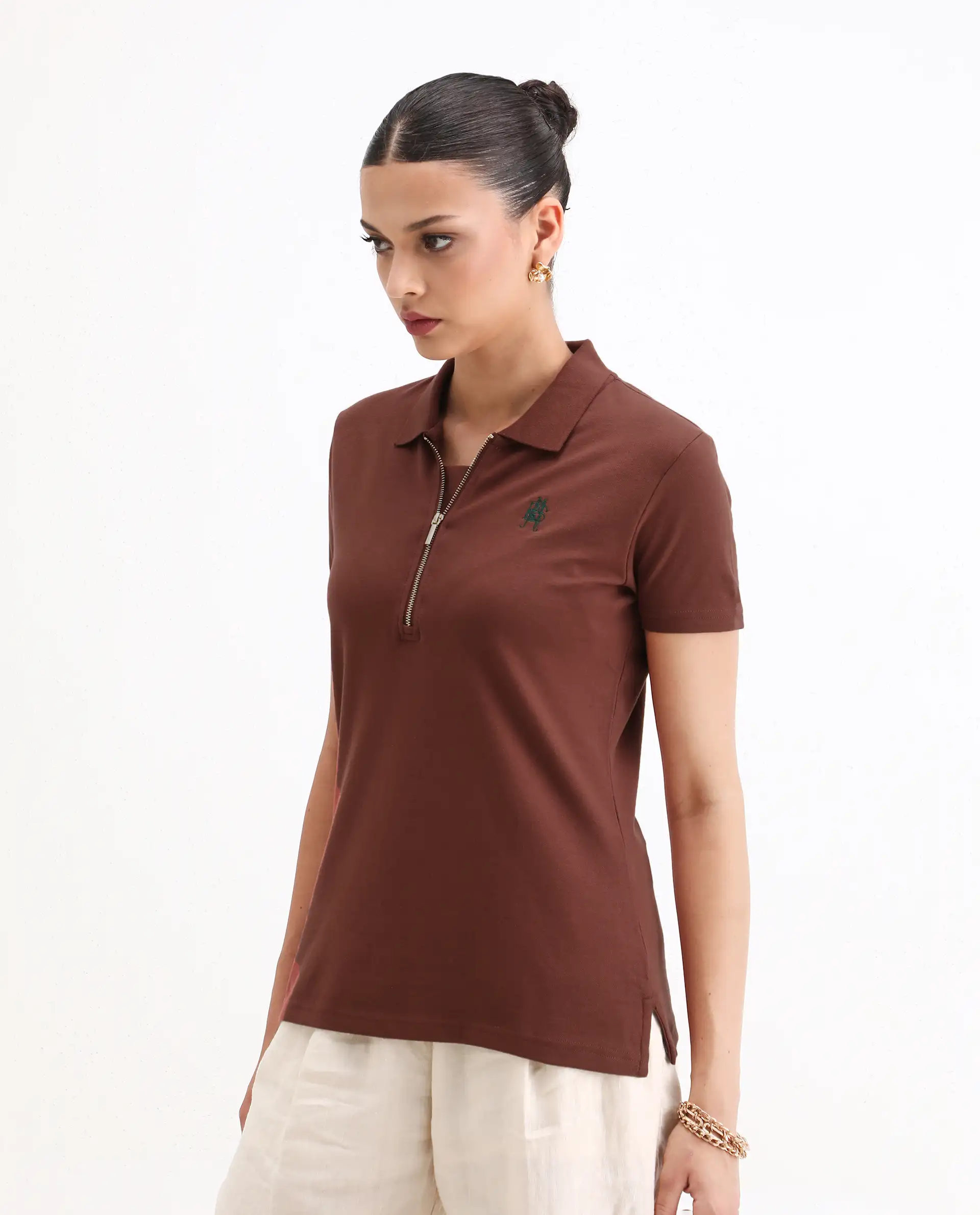 Rareism Women's Laken Brown Cotton Blend Polo Neck Plain Regular Fit Polo - Image 6