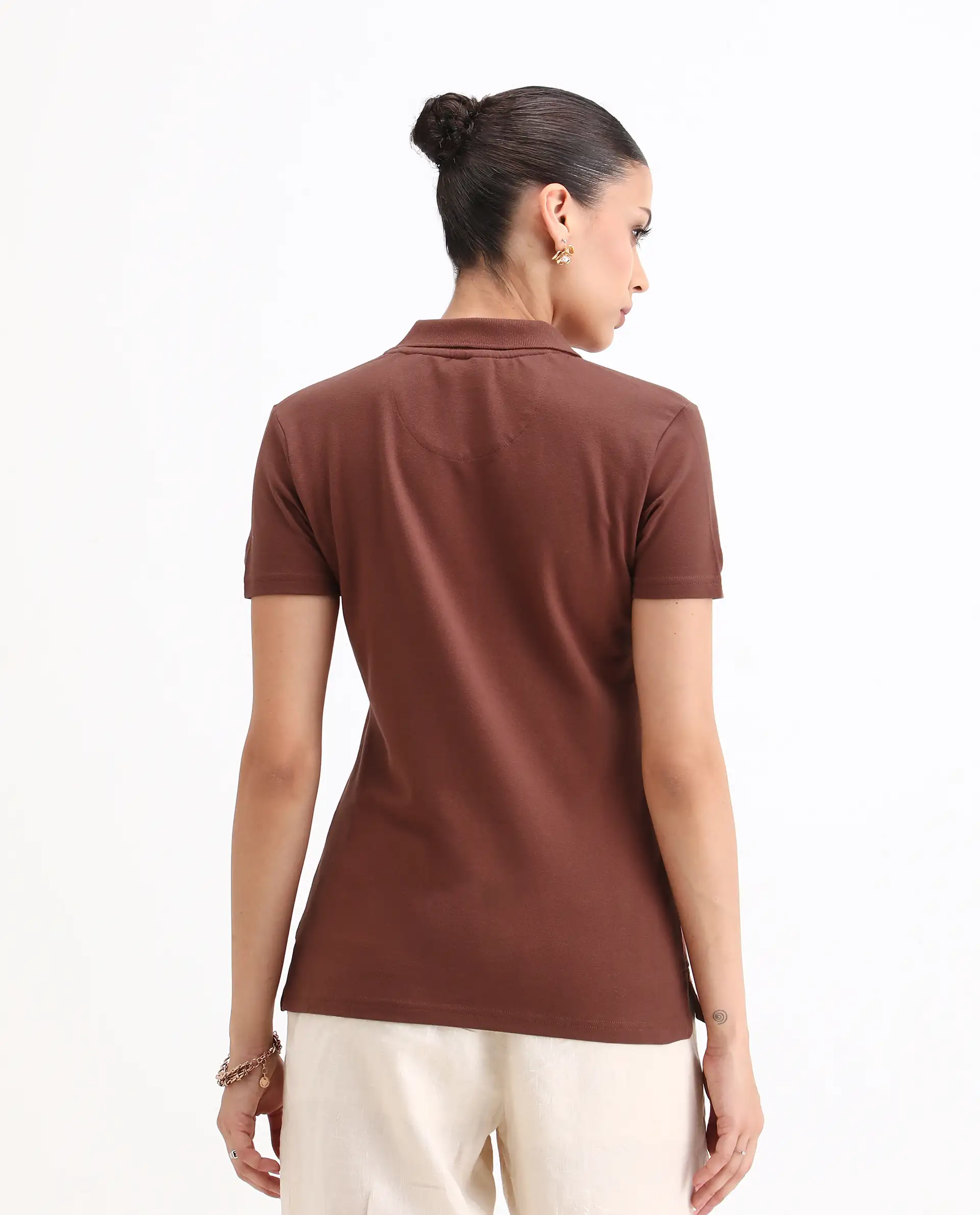 Rareism Women's Laken Brown Cotton Blend Polo Neck Plain Regular Fit Polo - Image 7