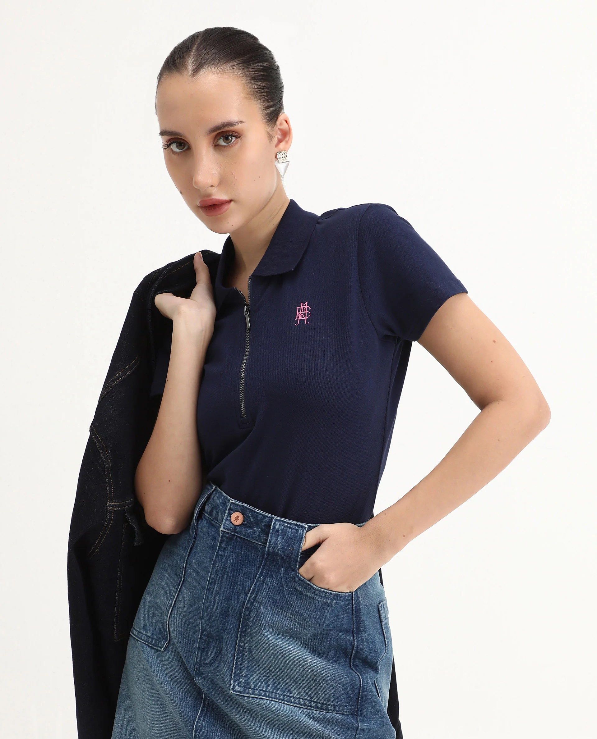 Rareism Women's Laken Navy Cotton Blend Polo Neck Plain Regular Fit Polo - Image 2