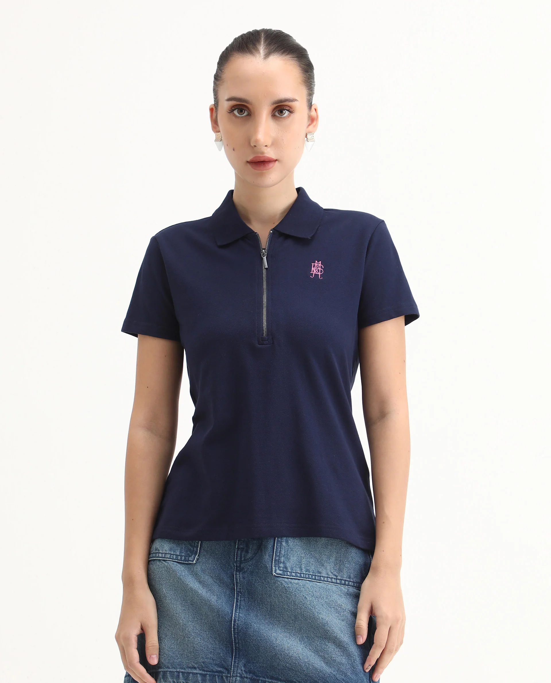 Rareism Women's Laken Navy Cotton Blend Polo Neck Plain Regular Fit Polo - Image 3