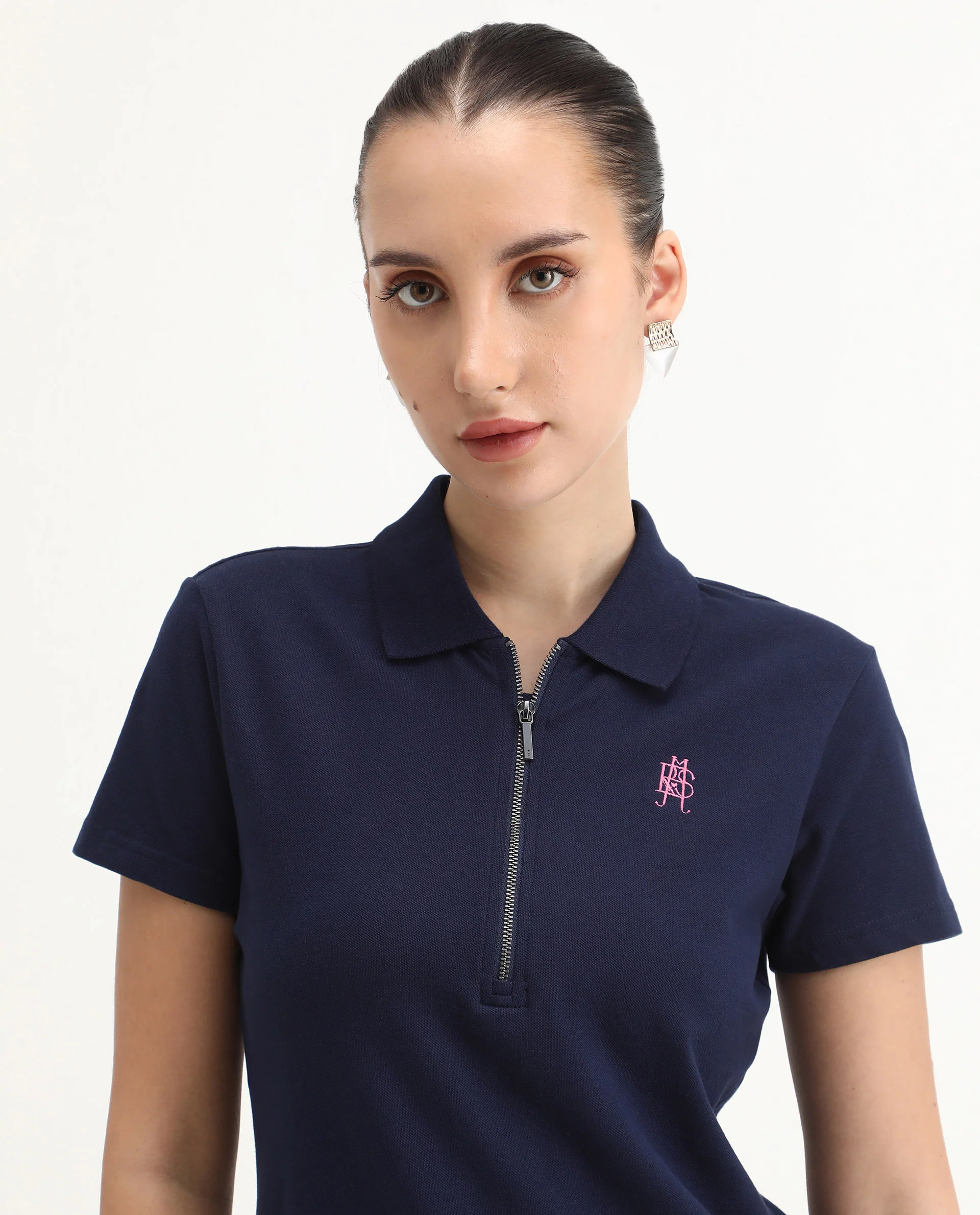 Rareism Women's Laken Navy Cotton Blend Polo Neck Plain Regular Fit Polo - Image 4