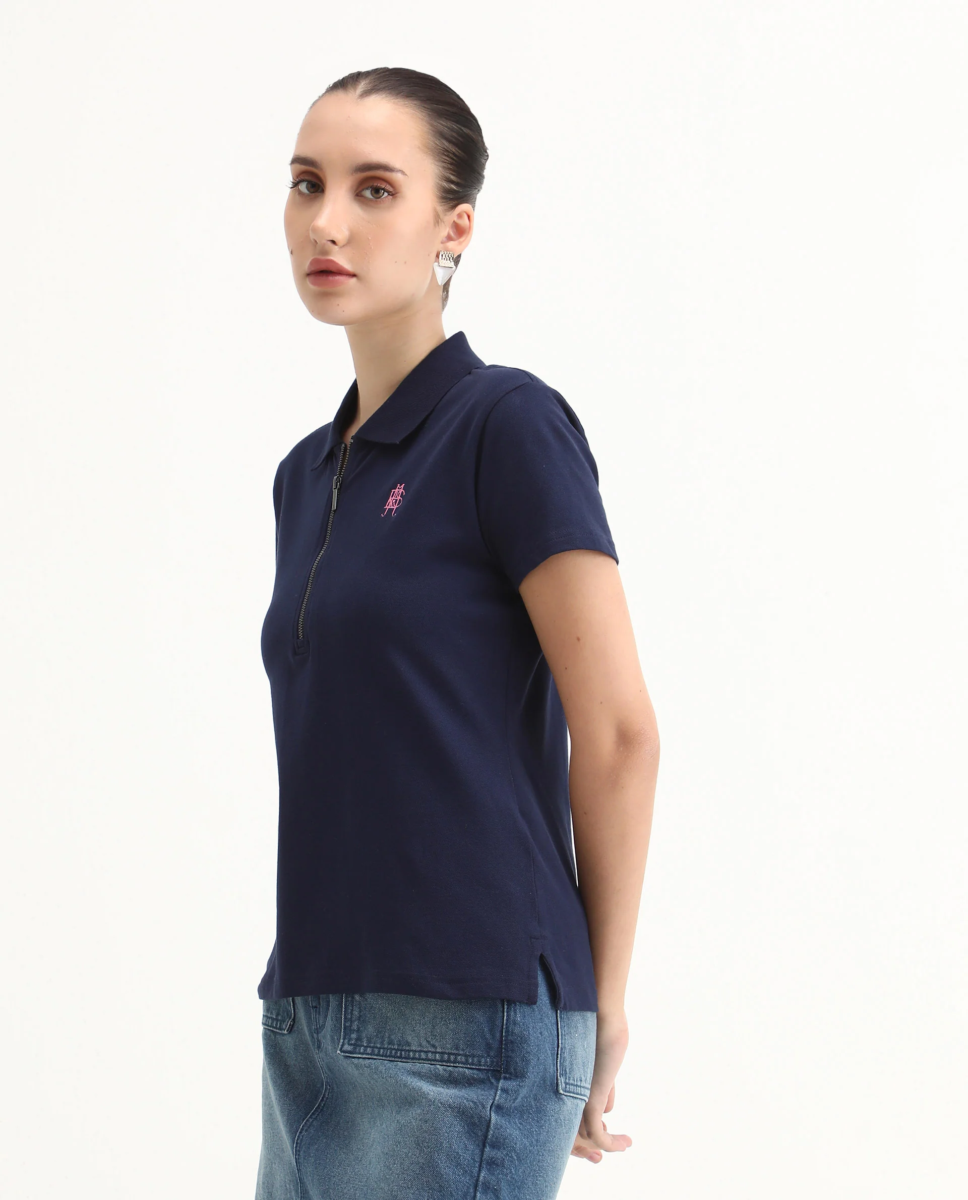Rareism Women's Laken Navy Cotton Blend Polo Neck Plain Regular Fit Polo - Image 6