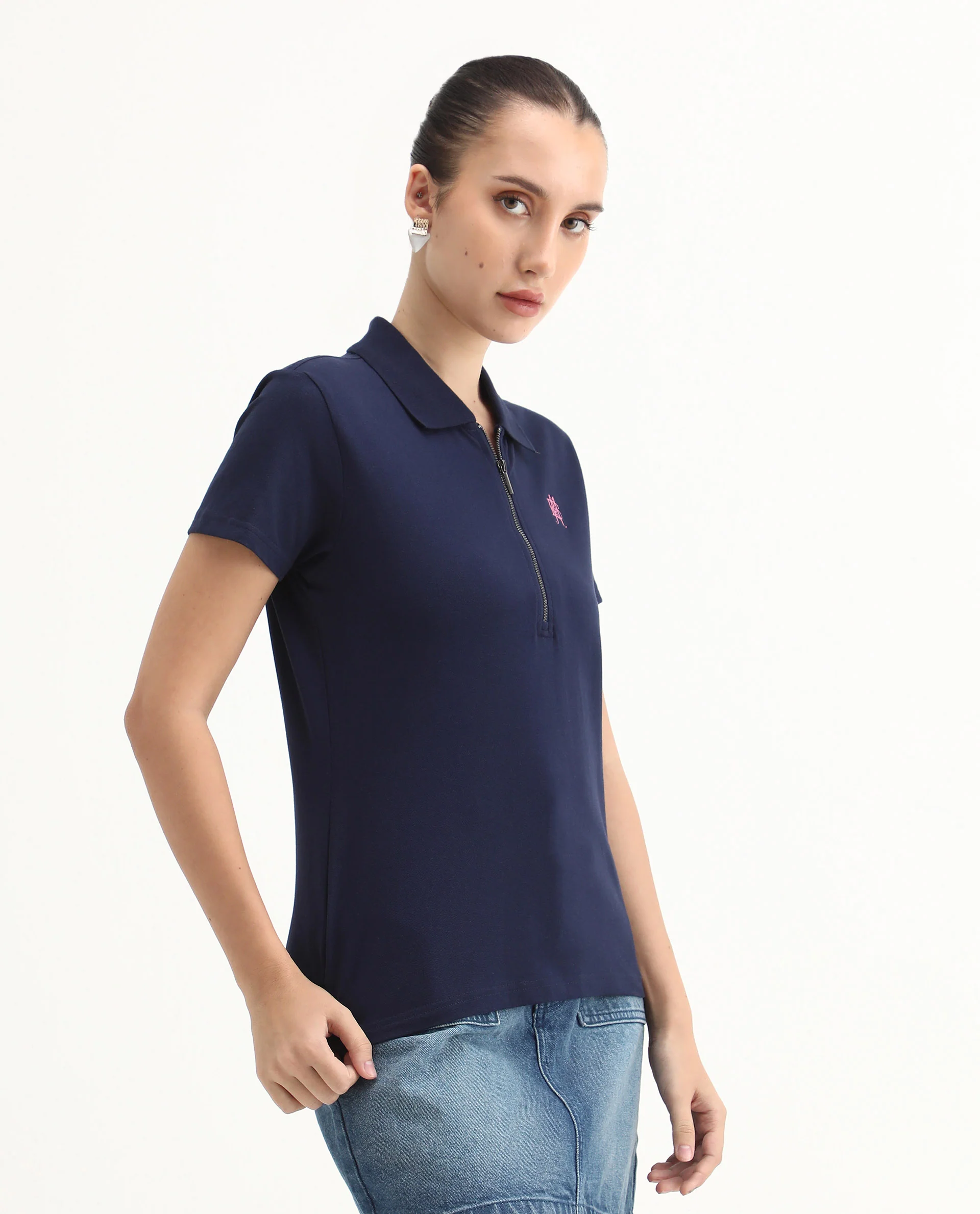 Rareism Women's Laken Navy Cotton Blend Polo Neck Plain Regular Fit Polo - Image 7