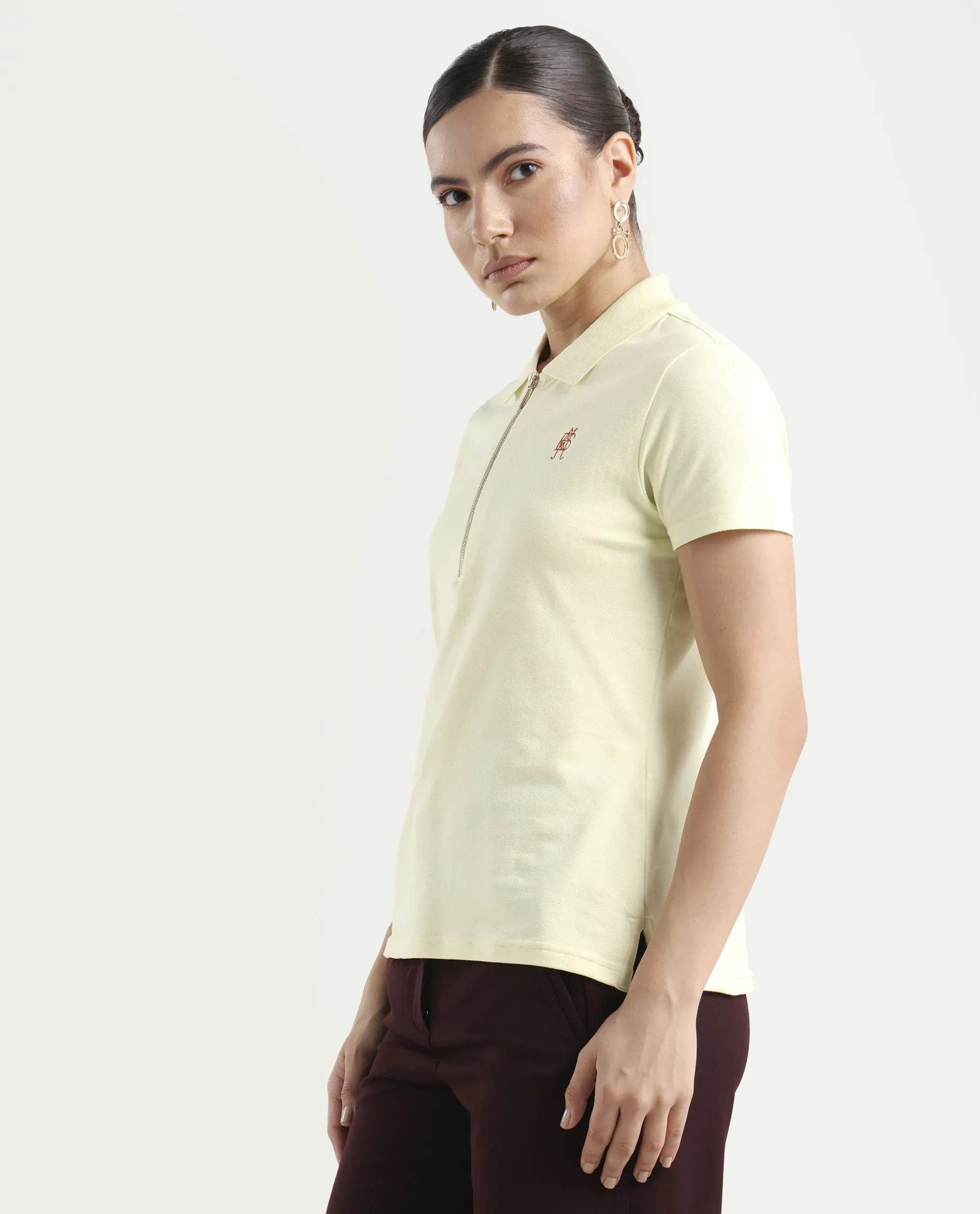 Rareism Women's Laken Pastel Green Cotton Blend Polo Neck Plain Regular Fit Polo - Image 5