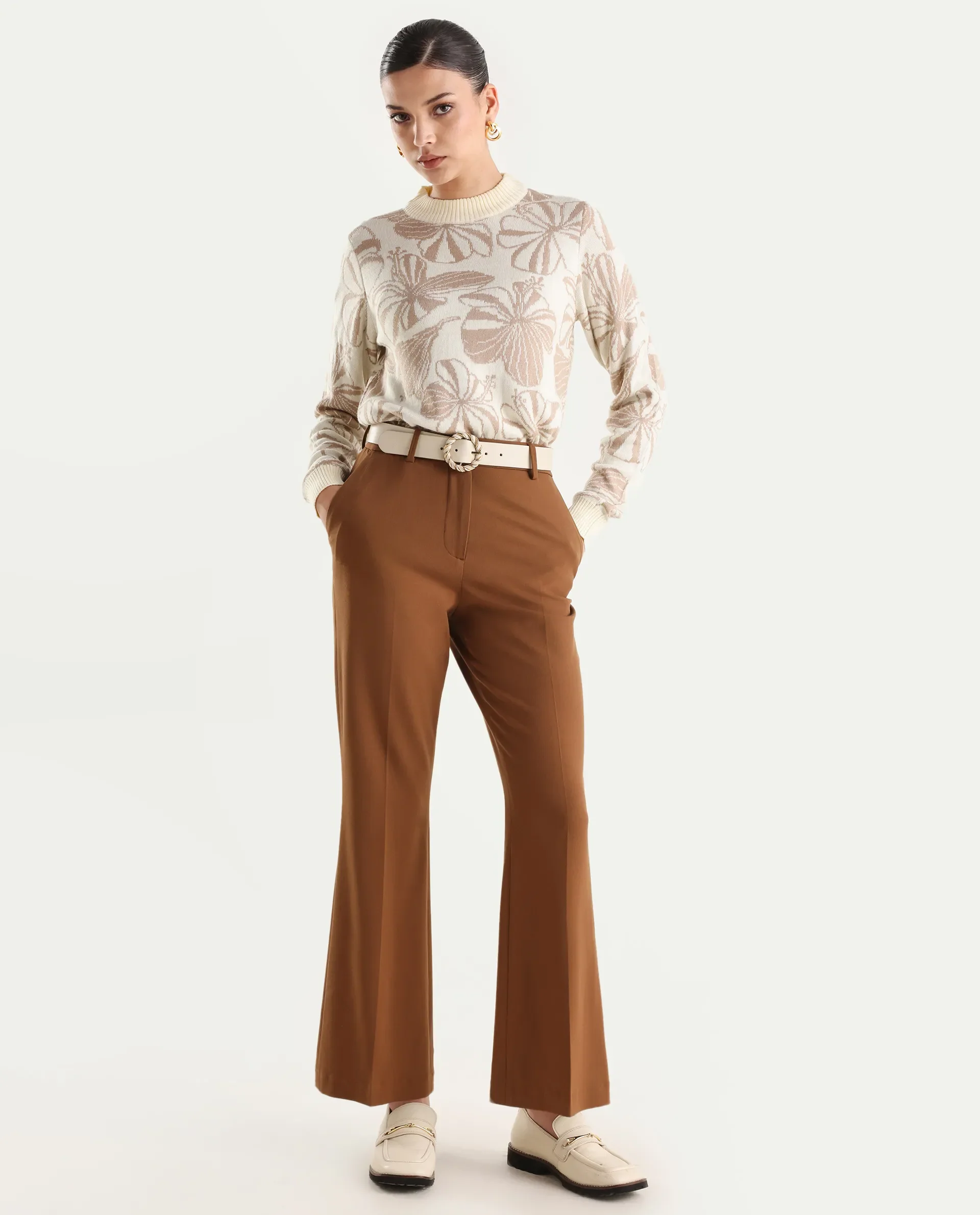 Rareism Women's Lakent Beige Acrylic Crew Neck Jacquard Regular Fit Sweater - Image 2