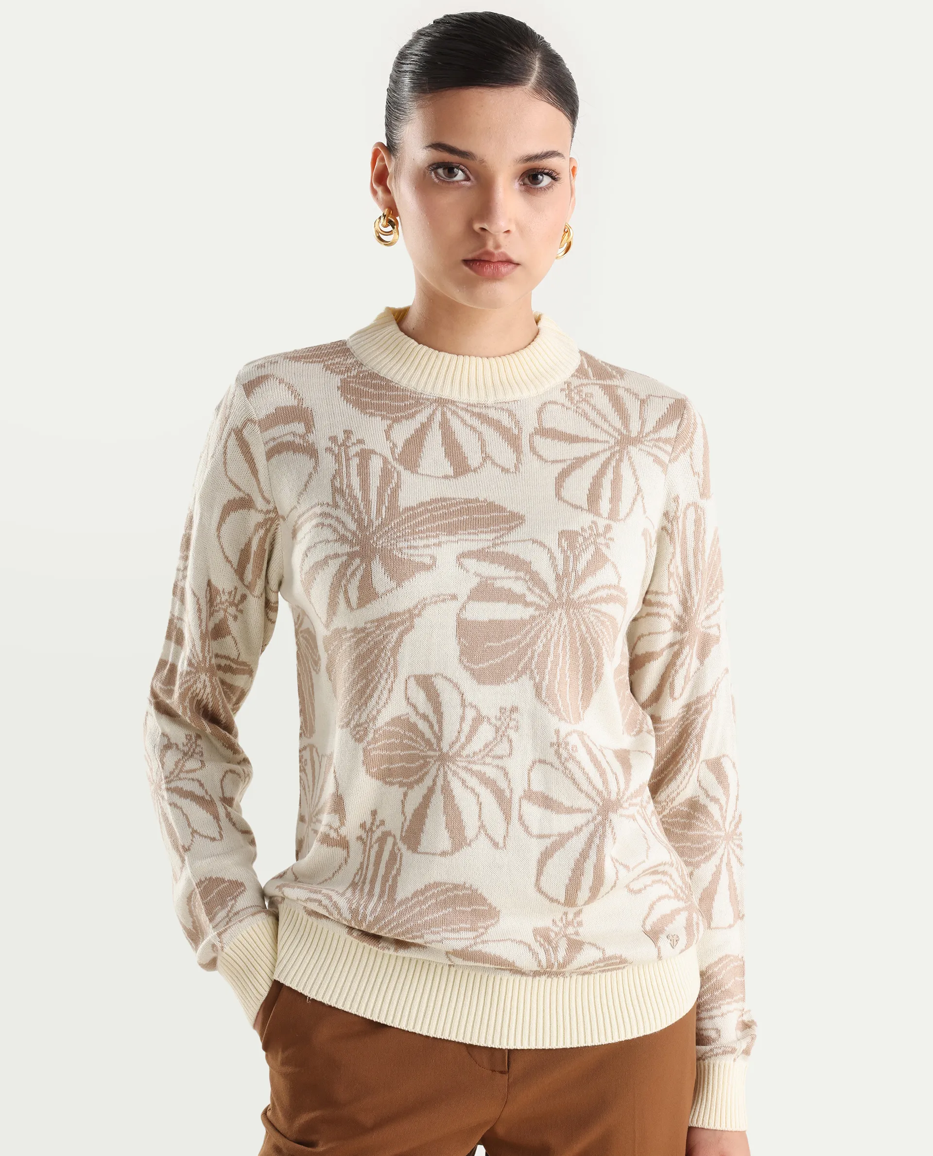 Rareism Women's Lakent Beige Acrylic Crew Neck Jacquard Regular Fit Sweater - Image 3