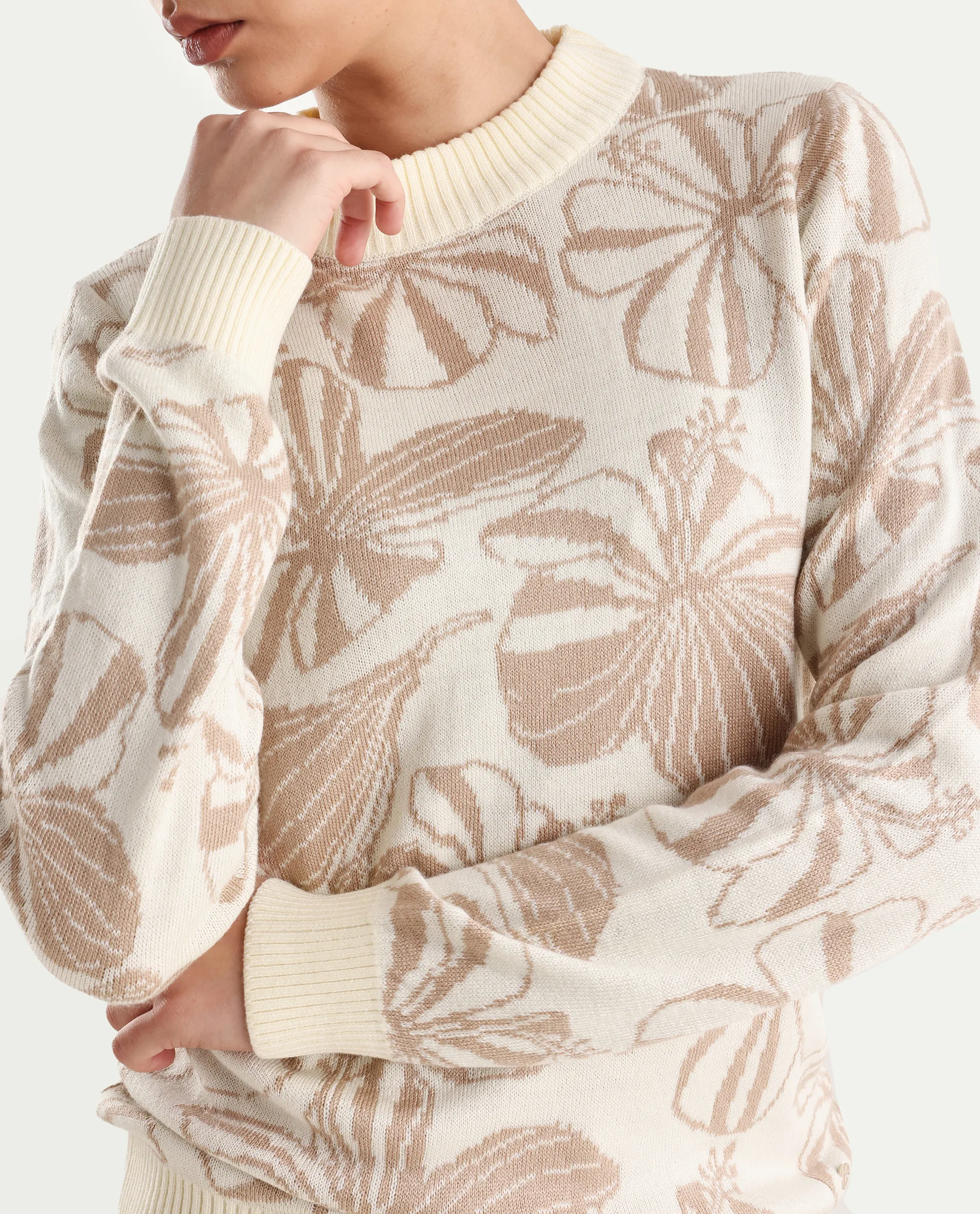 Rareism Women's Lakent Beige Acrylic Crew Neck Jacquard Regular Fit Sweater - Image 4