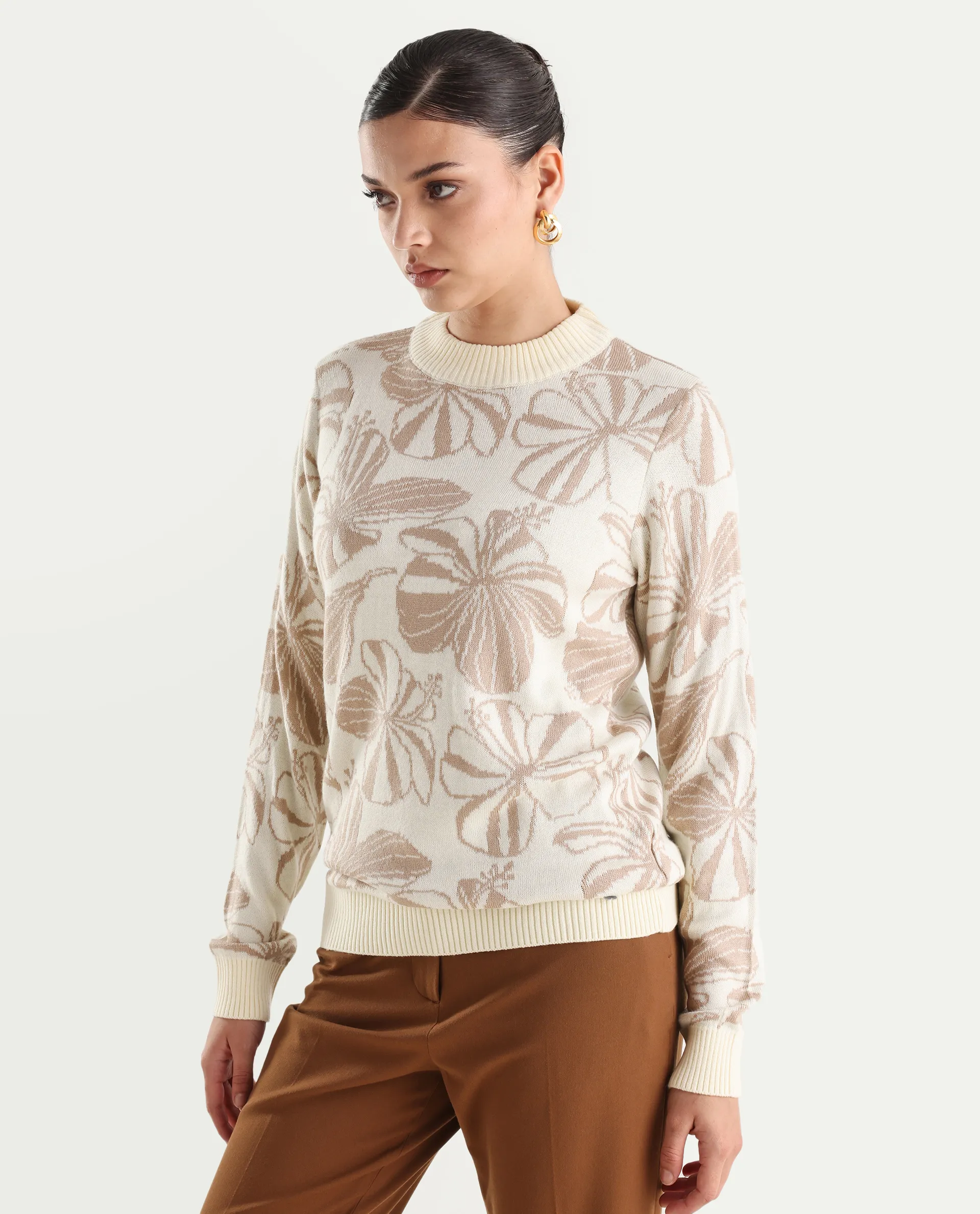 Rareism Women's Lakent Beige Acrylic Crew Neck Jacquard Regular Fit Sweater - Image 5
