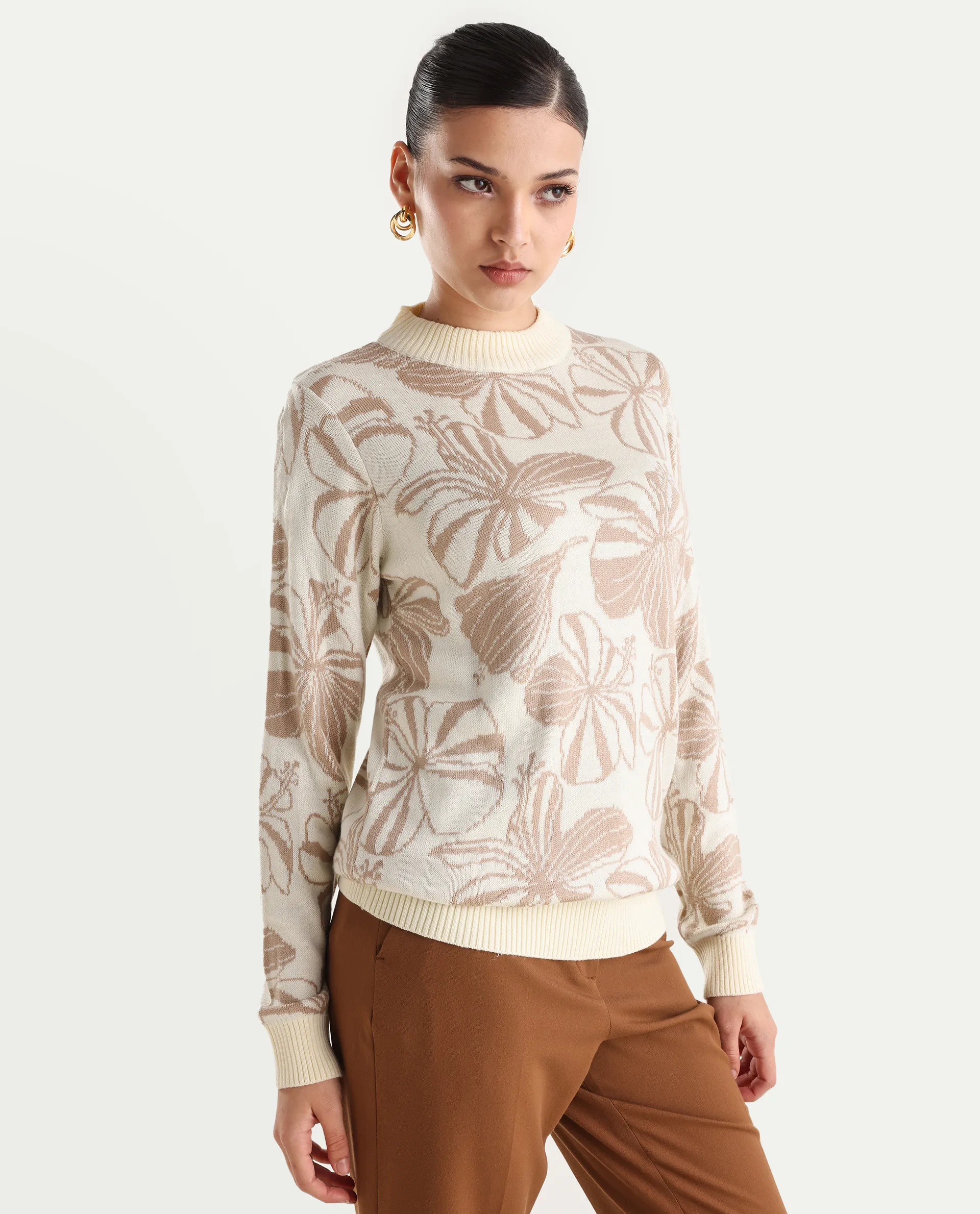 Rareism Women's Lakent Beige Acrylic Crew Neck Jacquard Regular Fit Sweater - Image 6