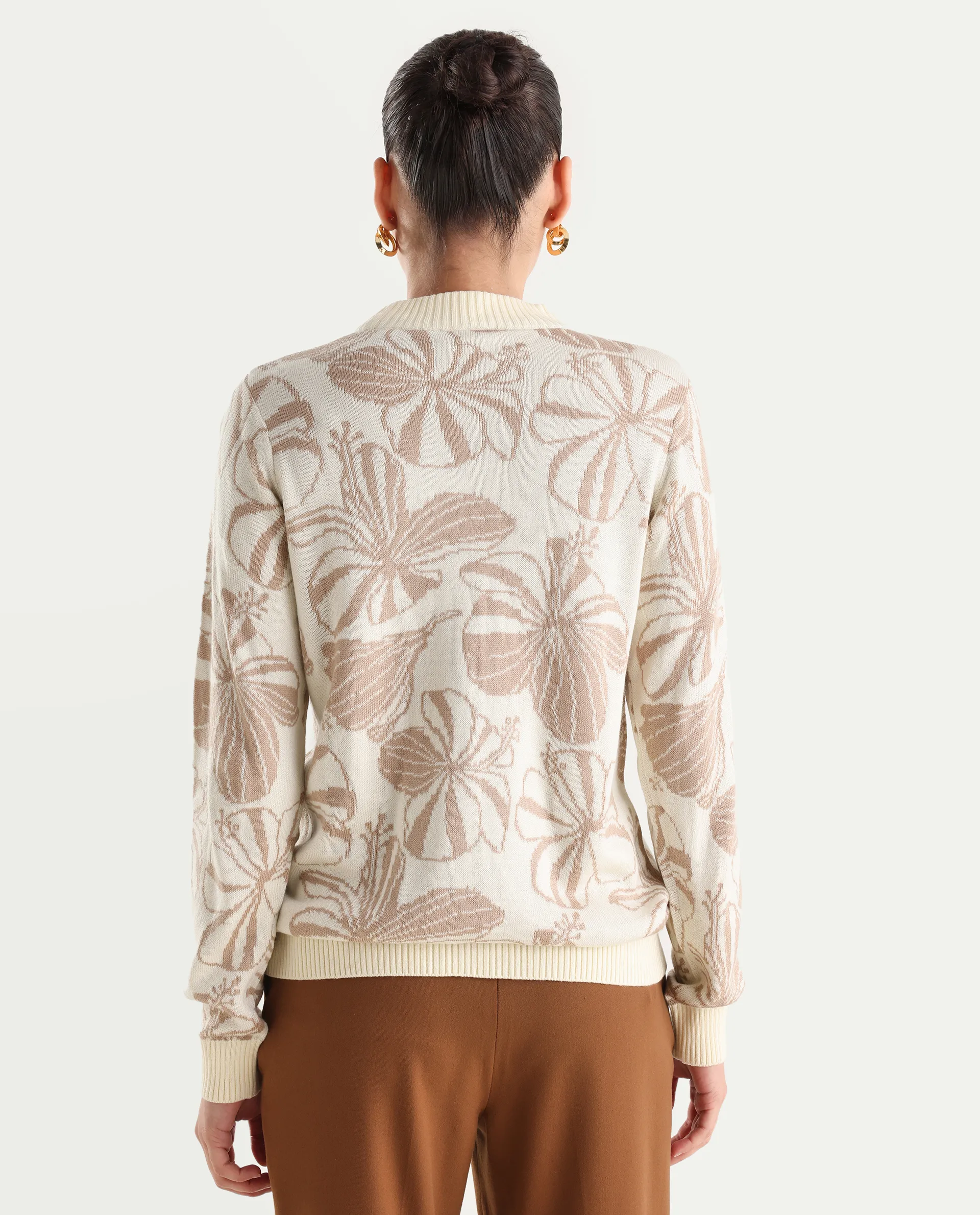 Rareism Women's Lakent Beige Acrylic Crew Neck Jacquard Regular Fit Sweater - Image 7