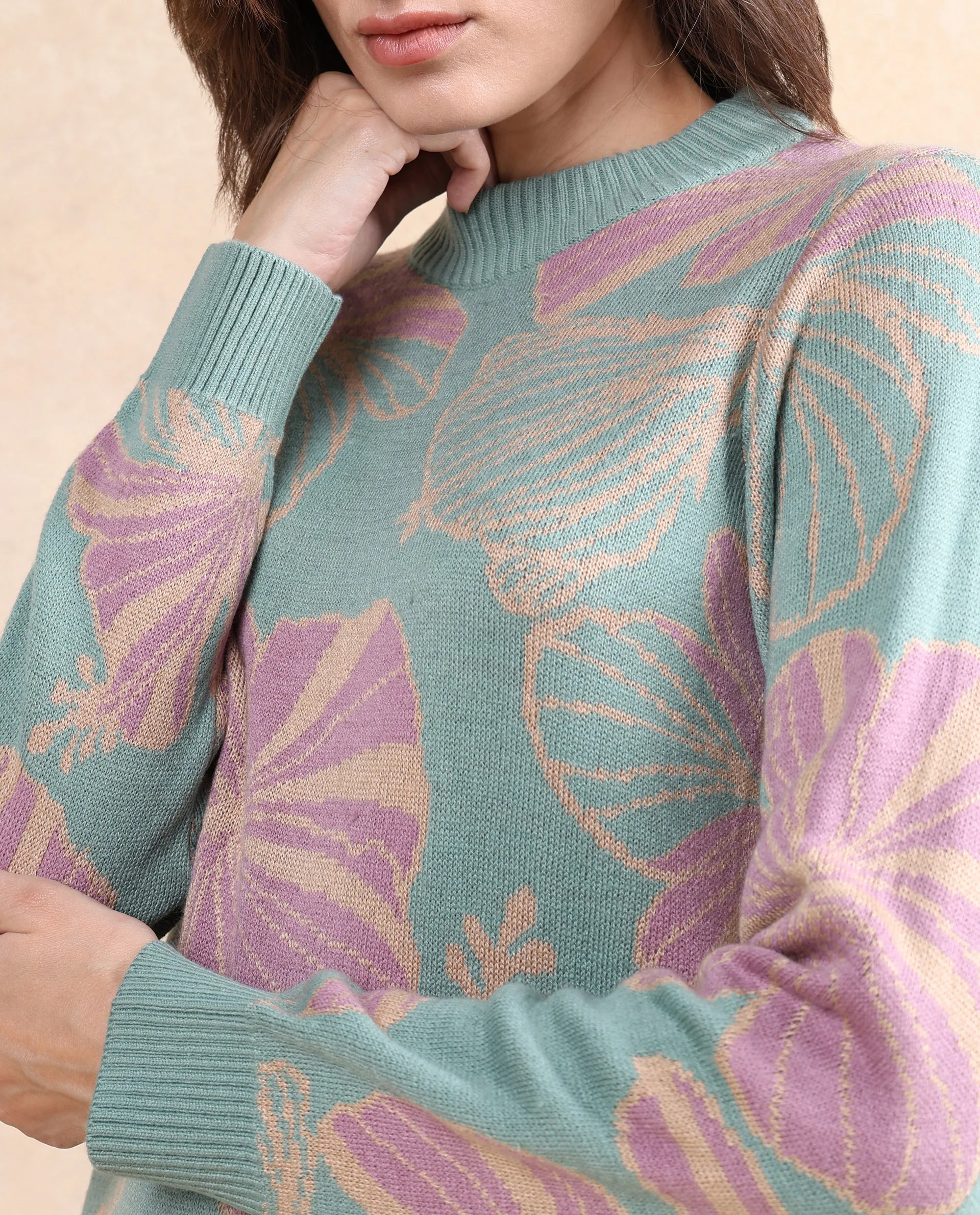 Rareism Women's Lakent Light Blue Acrylic Crew Neck Jacquard Regular Fit Sweater - Image 2
