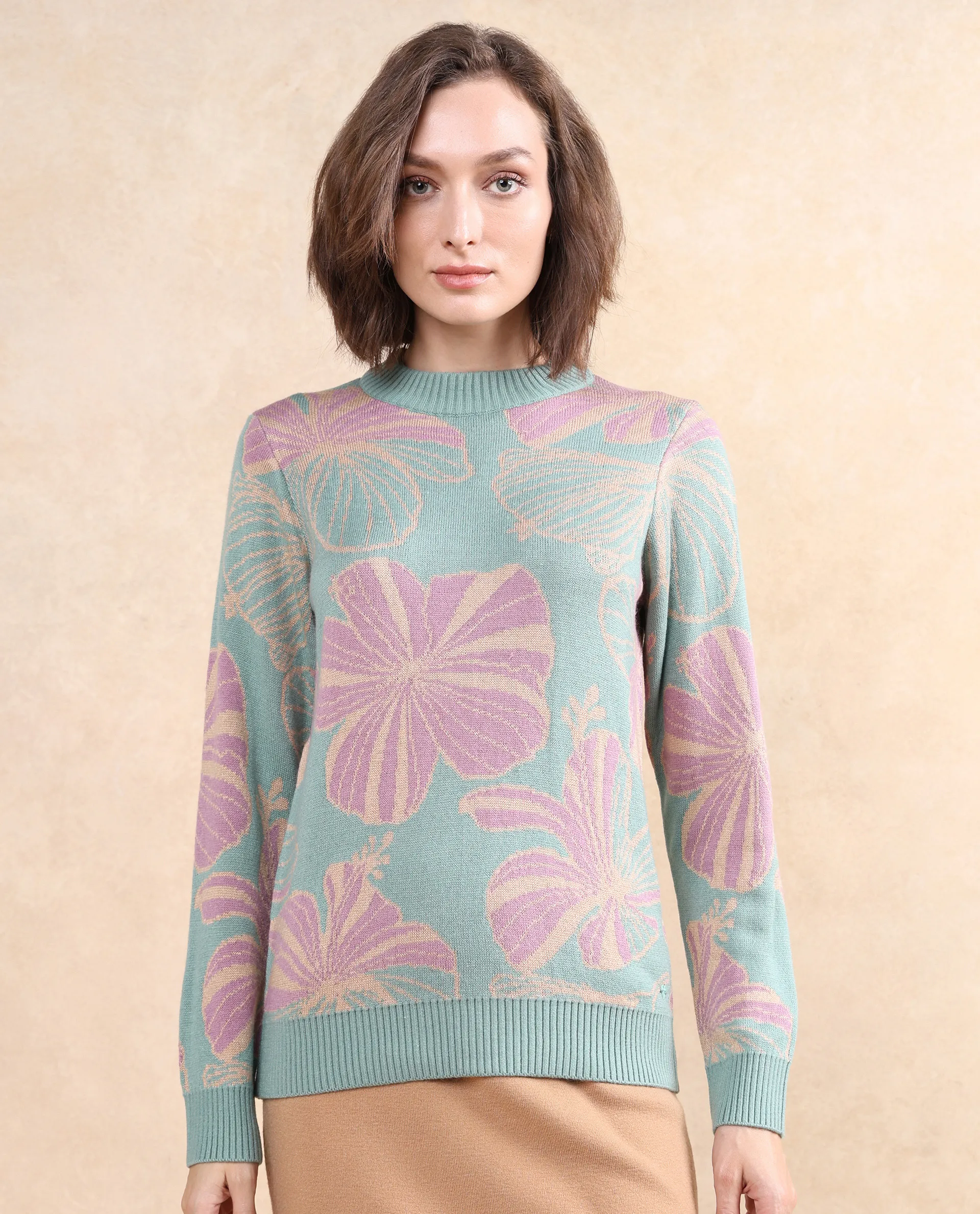 Rareism Women's Lakent Light Blue Acrylic Crew Neck Jacquard Regular Fit Sweater - Image 3