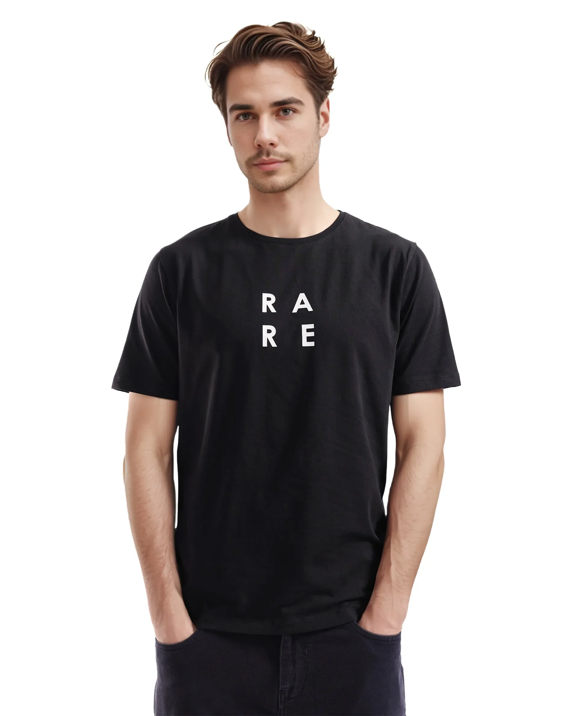 Rare Rabbit Men's Lalyy Black Cotton Graphic Print Slim Fit Half Sleeve Crew Neck T-Shirt