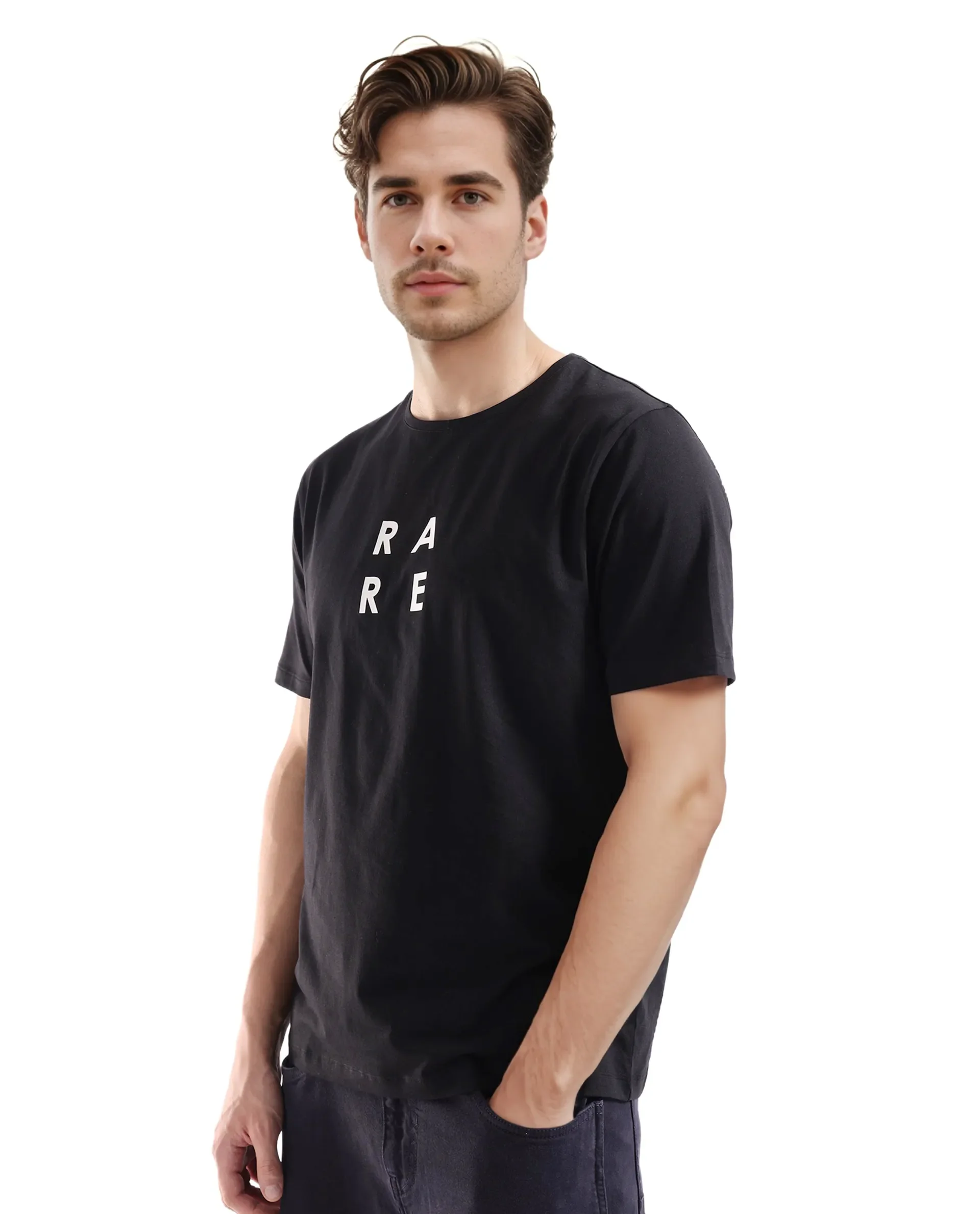 Rare Rabbit Men's Lalyy Black Cotton Graphic Print Slim Fit Half Sleeve Crew Neck T-Shirt - Image 2