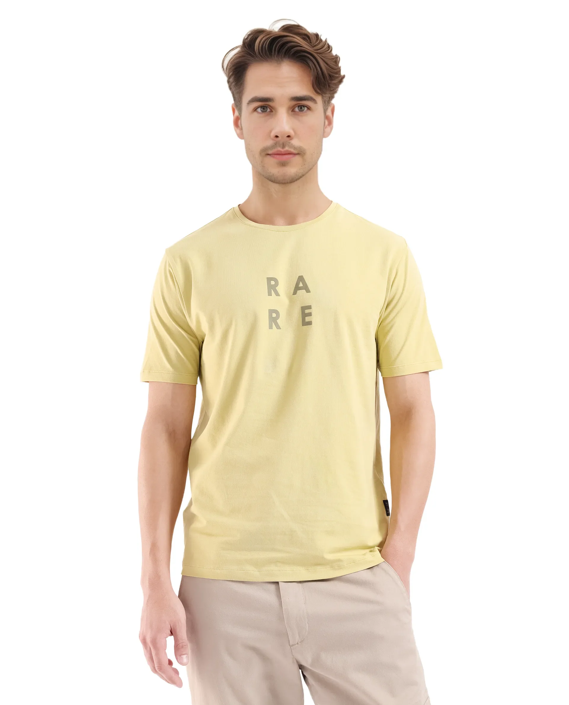 Rare Rabbit Men's Lalyy Dusky Yellow Cotton Graphic Print Slim Fit Half Sleeve Crew Neck T-Shirt