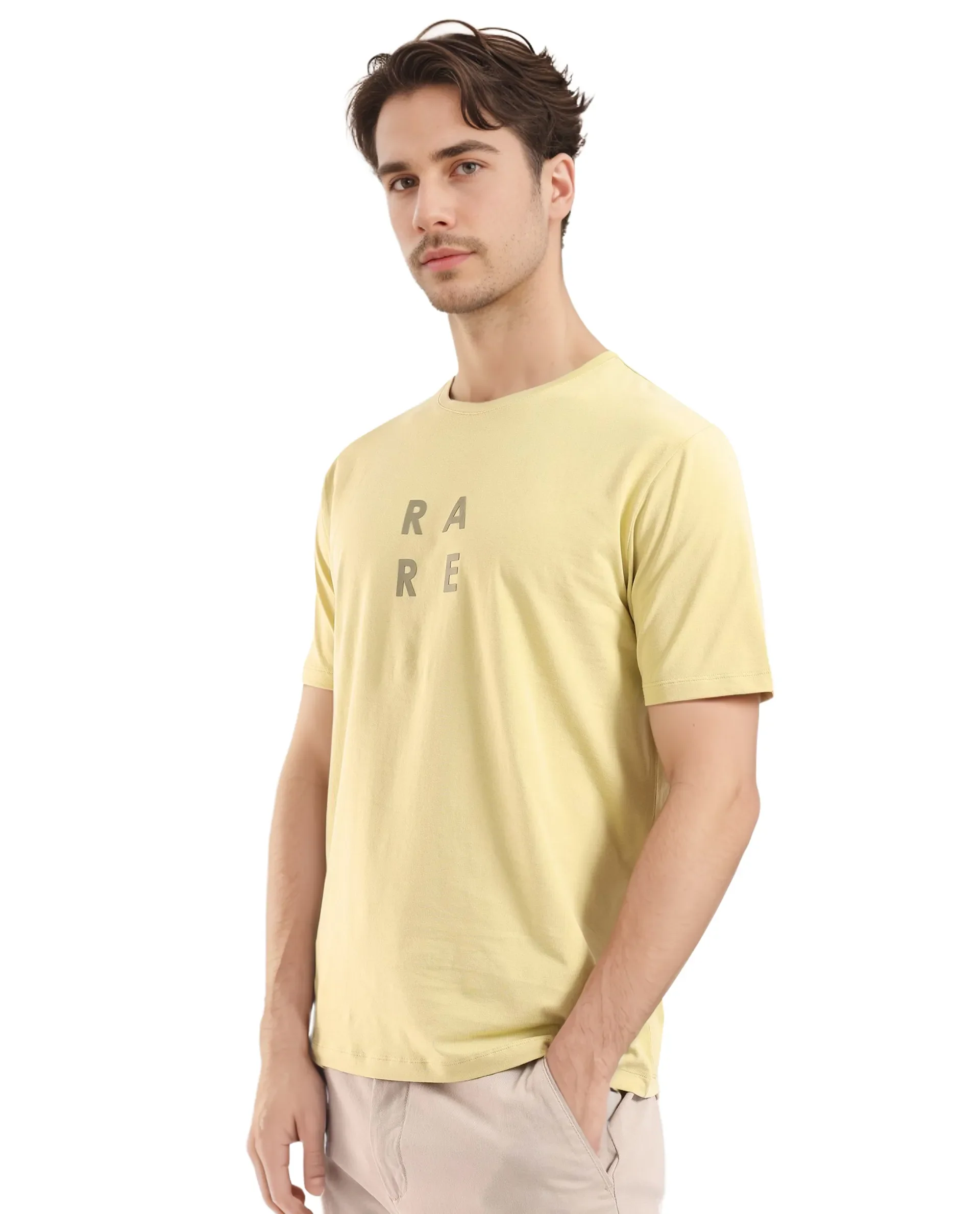 Rare Rabbit Men's Lalyy Dusky Yellow Cotton Graphic Print Slim Fit Half Sleeve Crew Neck T-Shirt - Image 6