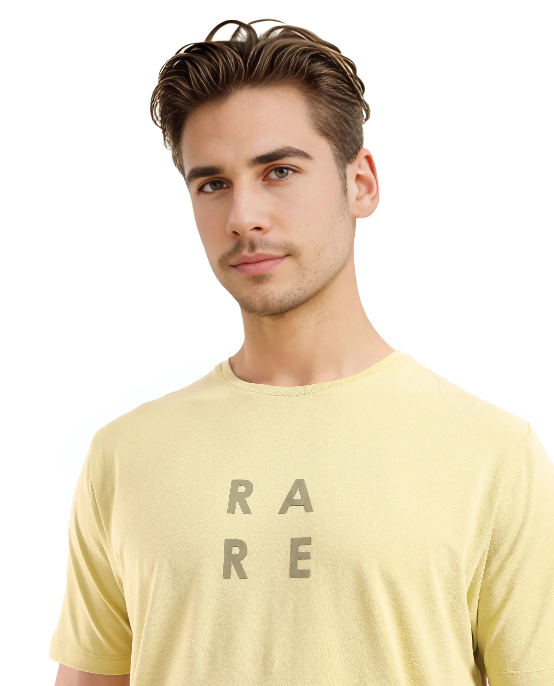 Rare Rabbit Men's Lalyy Dusky Yellow Cotton Graphic Print Slim Fit Half Sleeve Crew Neck T-Shirt - Image 9