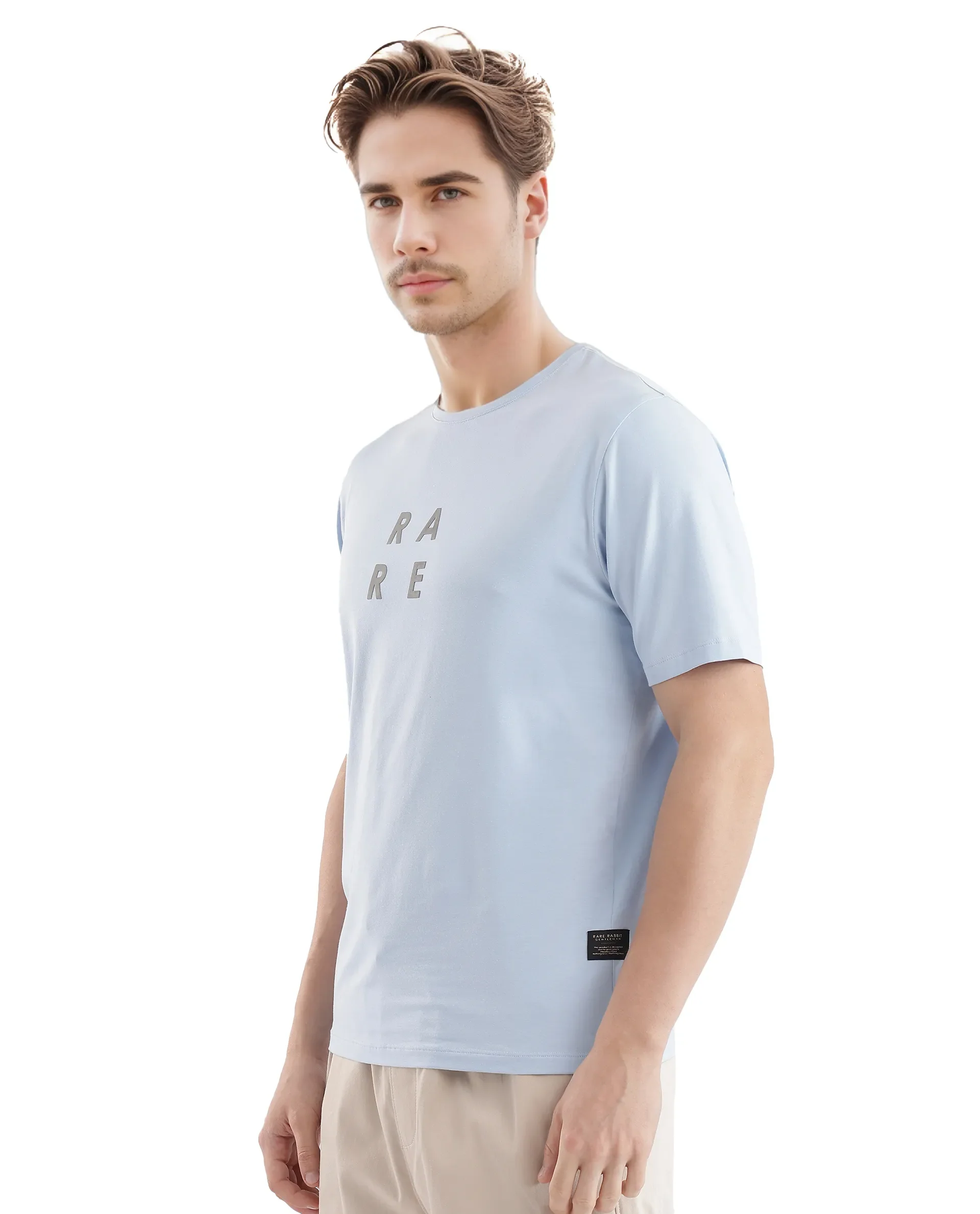 Rare Rabbit Men's Lalyy Light Blue Cotton Graphic Print Slim Fit Half Sleeve Crew Neck T-Shirt - Image 9