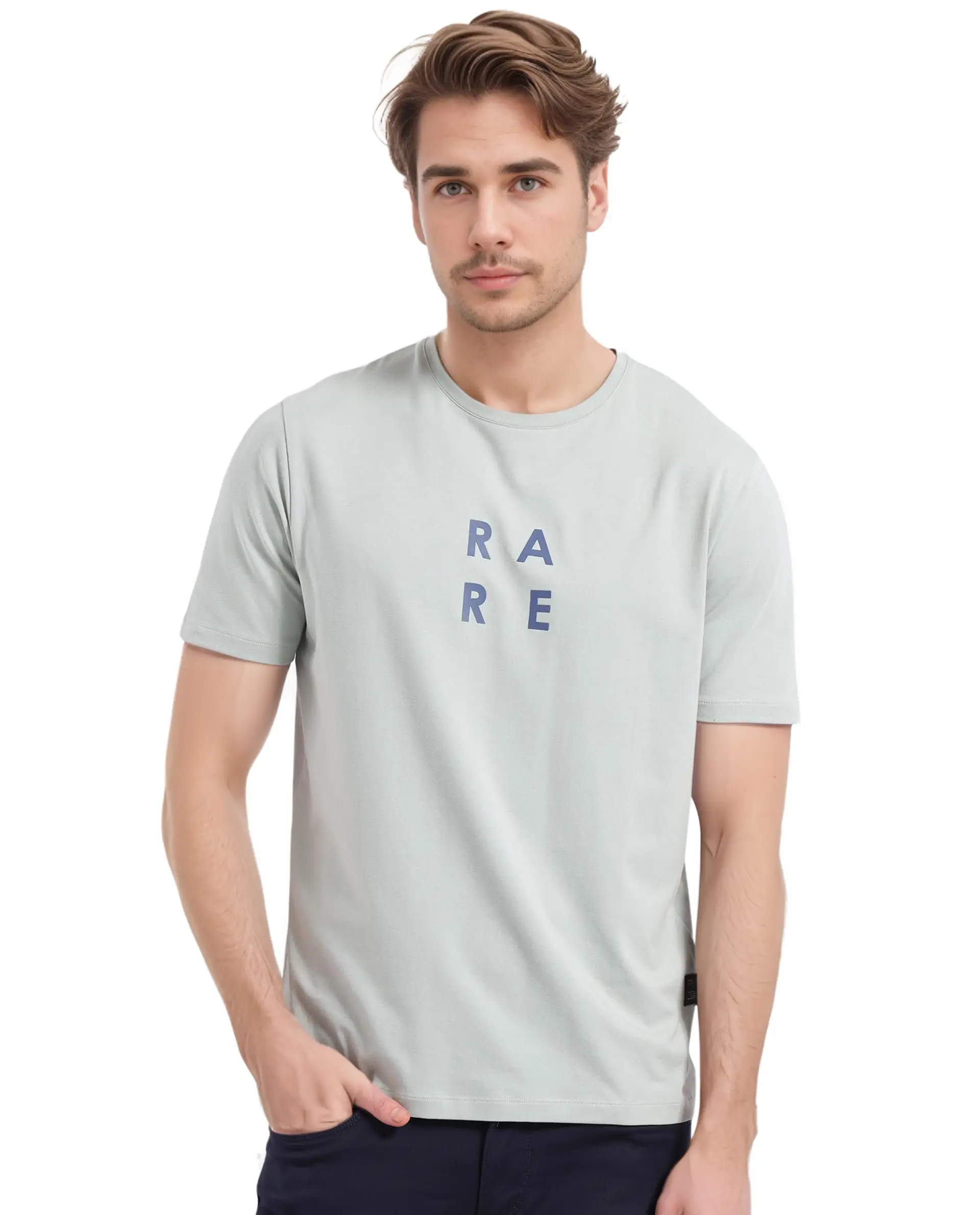 Rare Rabbit Men's Lalyy Pastel Green Cotton Graphic Print Slim Fit Half Sleeve Crew Neck T-Shirt