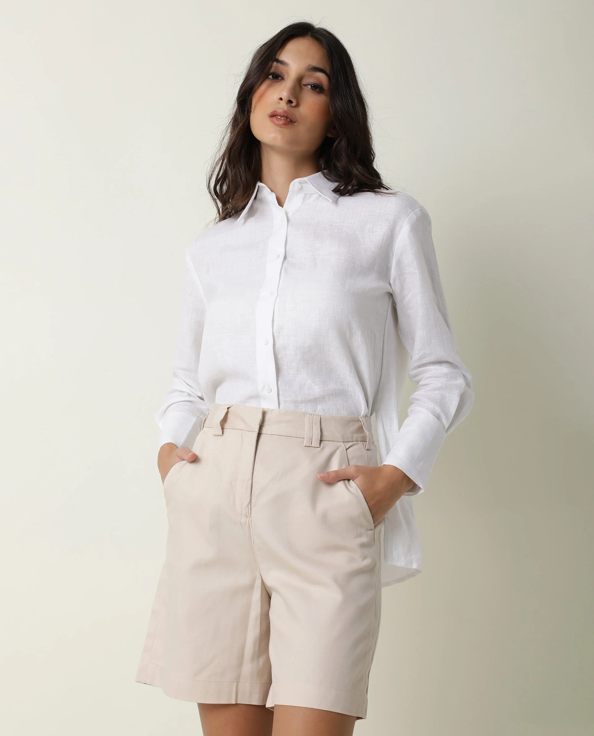 Rareism Women's Lamar Beige Cotton Plain Mini Relaxed Fit Shorts - Image 2