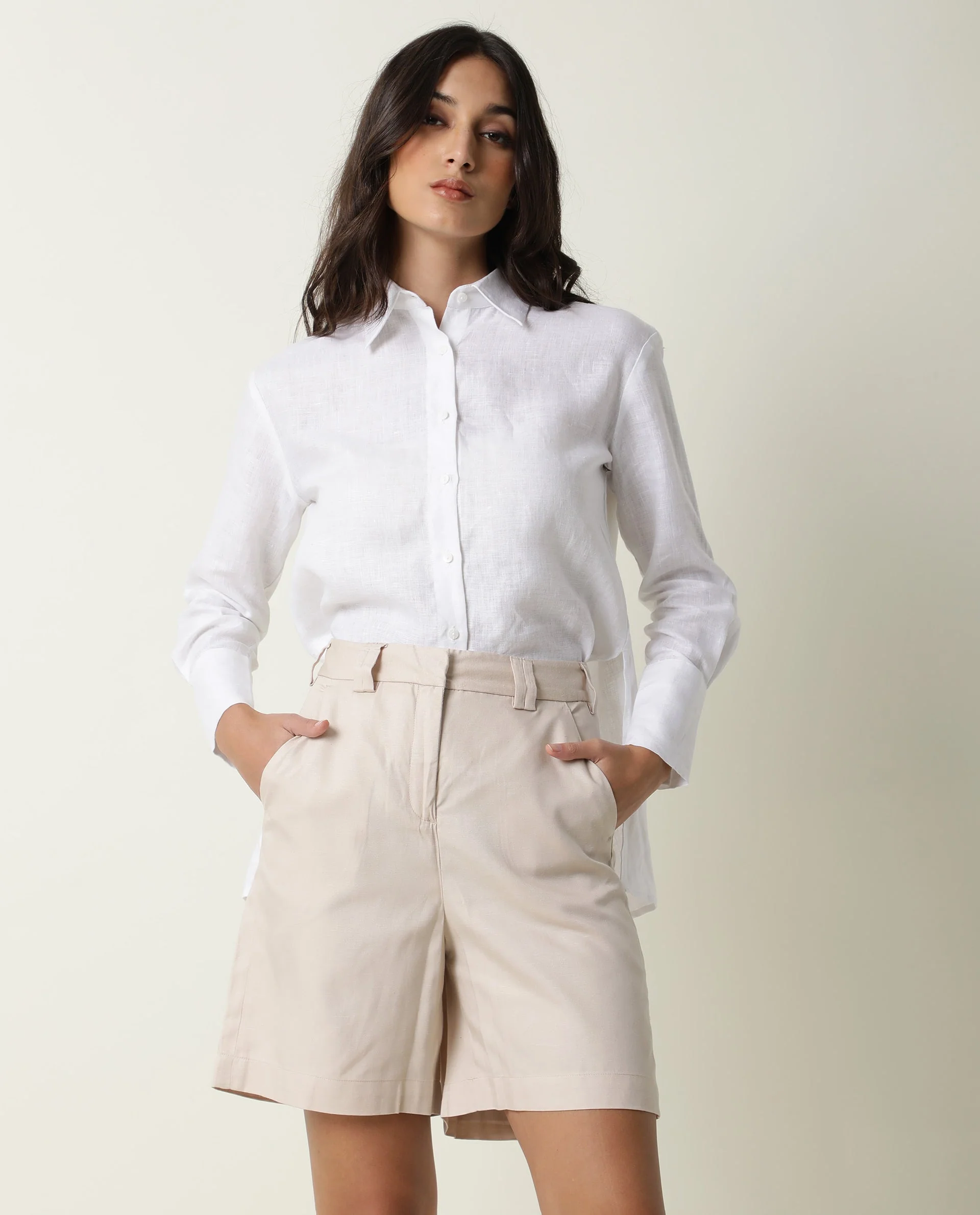 Rareism Women's Lamar Beige Cotton Plain Mini Relaxed Fit Shorts - Image 3