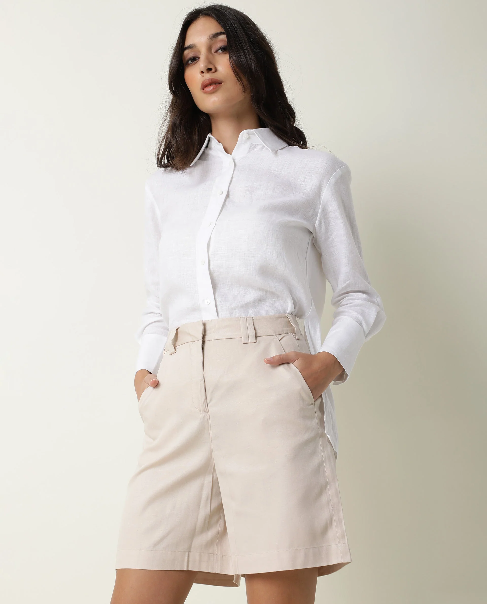 Rareism Women's Lamar Beige Cotton Plain Mini Relaxed Fit Shorts - Image 5