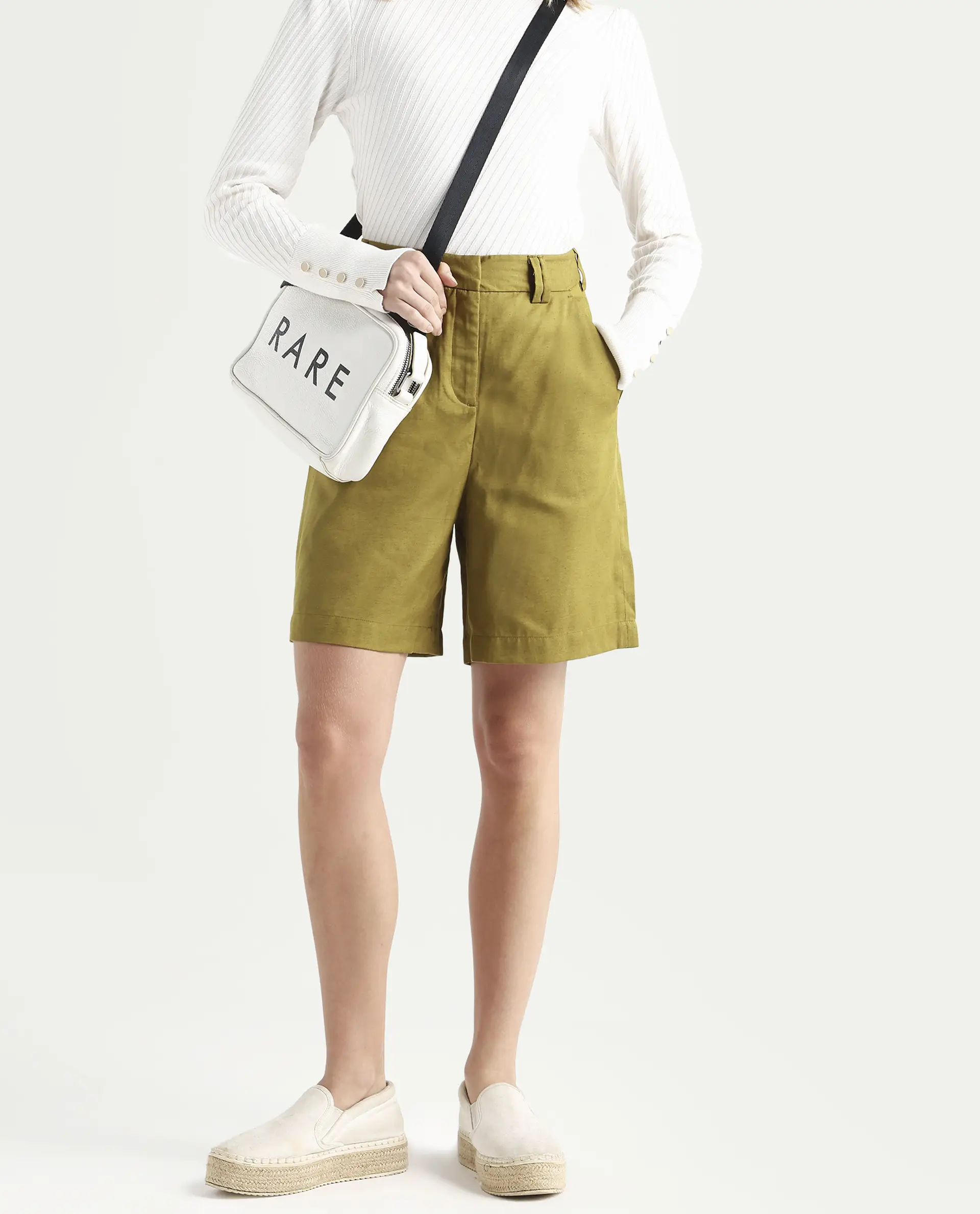 Rareism Women's Lamar Olive Cotton Plain Mini Relaxed Fit Shorts - Image 4