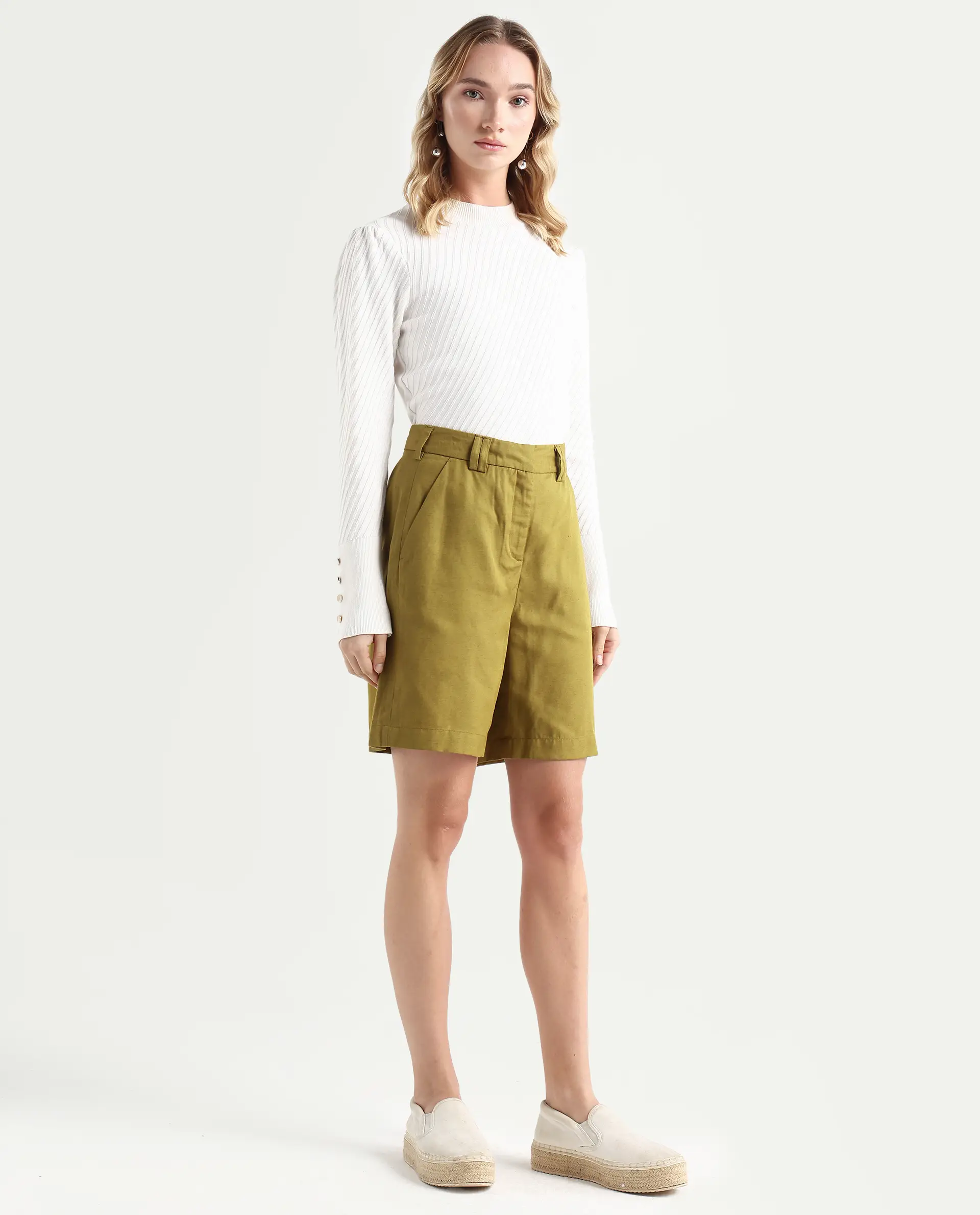 Rareism Women's Lamar Olive Cotton Plain Mini Relaxed Fit Shorts - Image 5