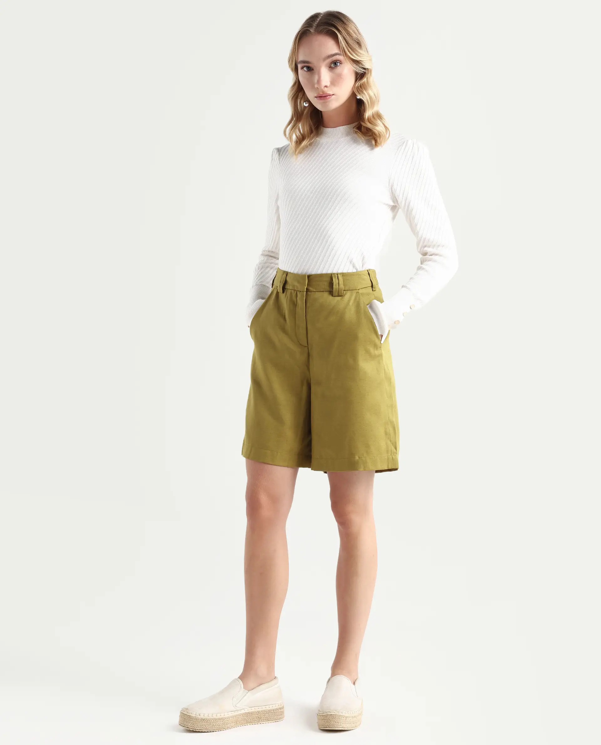 Rareism Women's Lamar Olive Cotton Plain Mini Relaxed Fit Shorts - Image 6