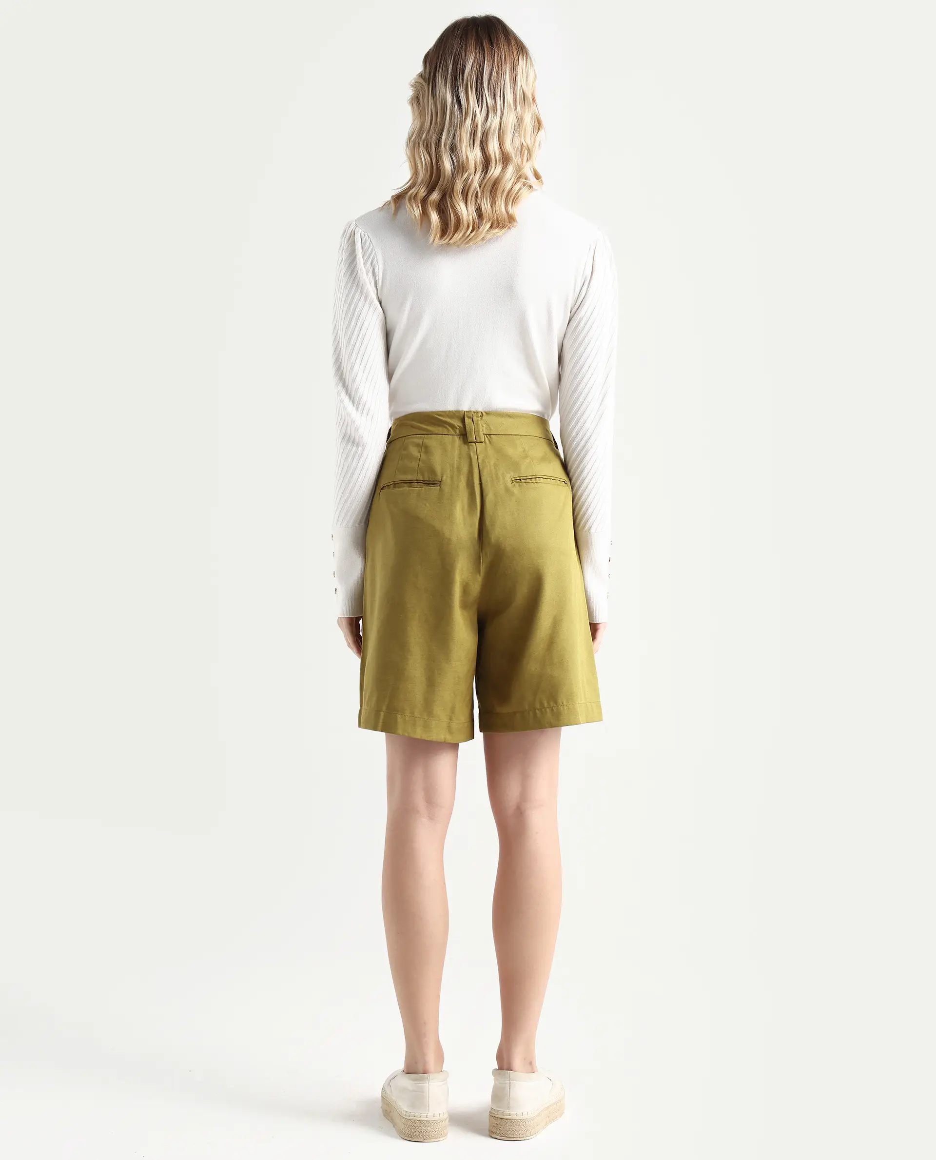 Rareism Women's Lamar Olive Cotton Plain Mini Relaxed Fit Shorts - Image 7